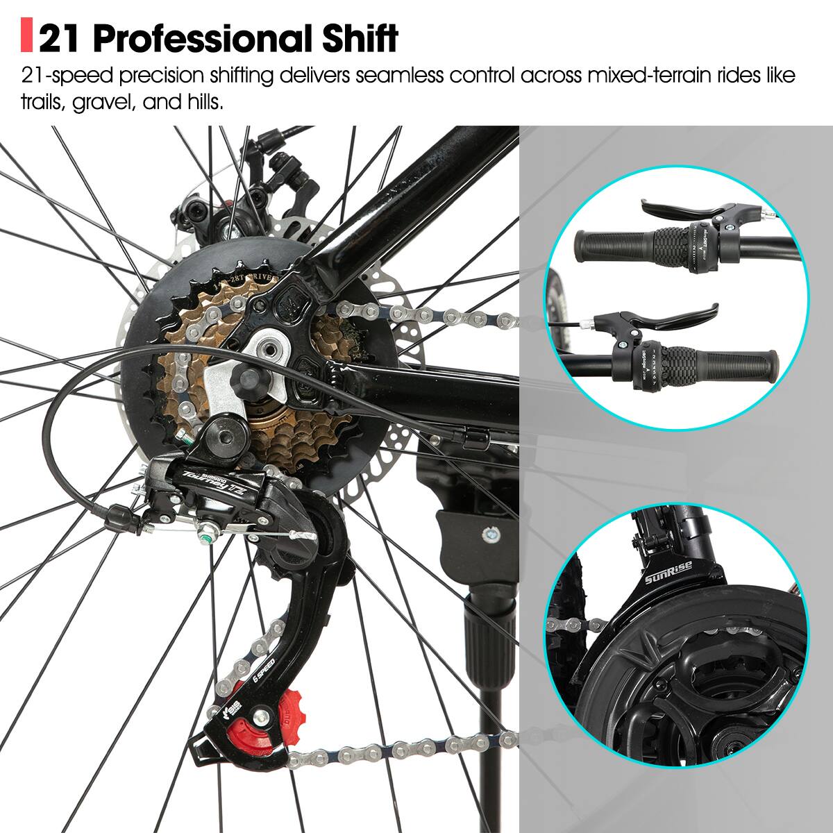 21 Professional Shift

21-speed precision shifting delivers seamless control across mixed-terrain rides like trails, gravel, and hills.