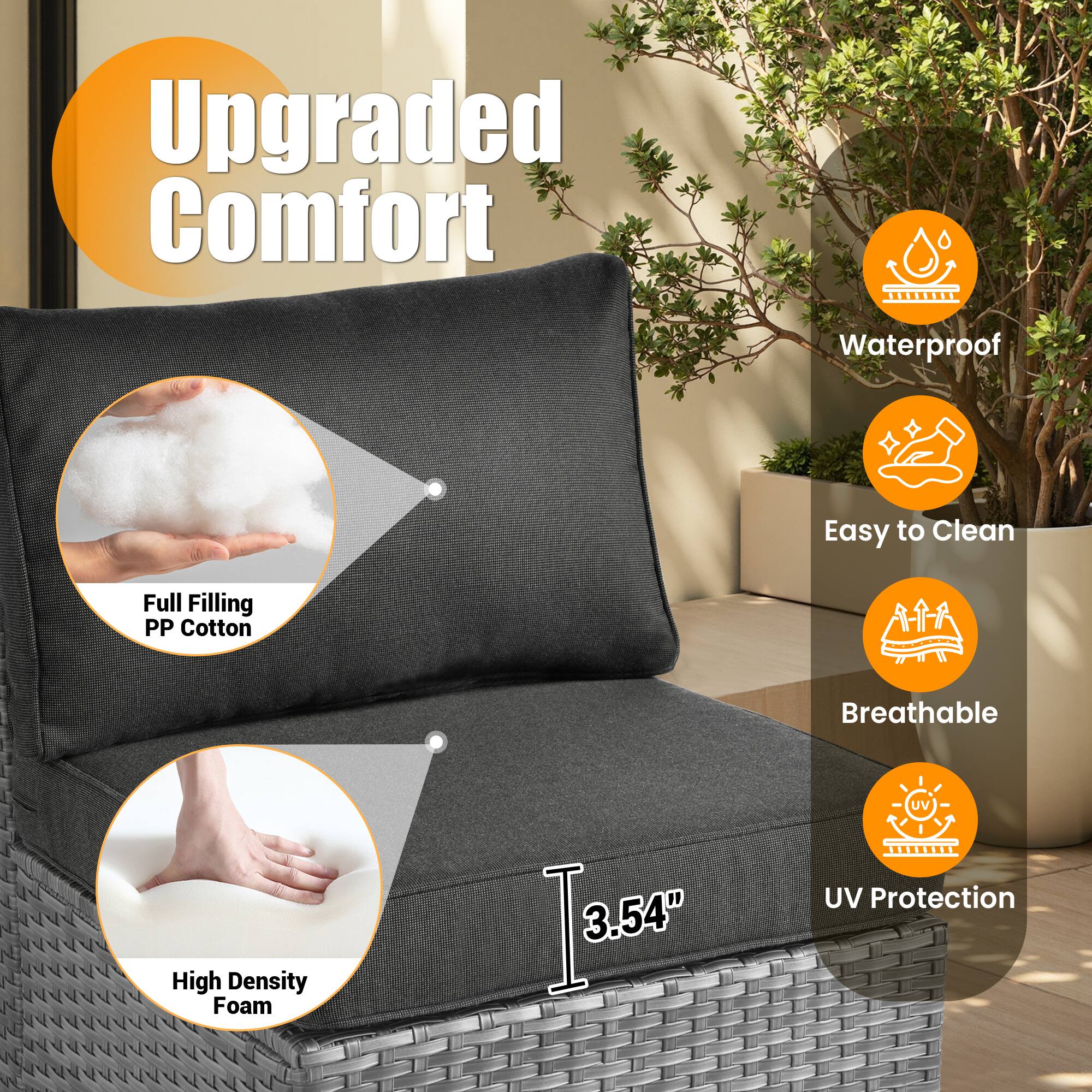 Upgraded Comfort

- Waterproof
- Easy to Clean
- Breathable
- UV Protection

- Full Filling PP Cotton
- High Density Foam

3.54"