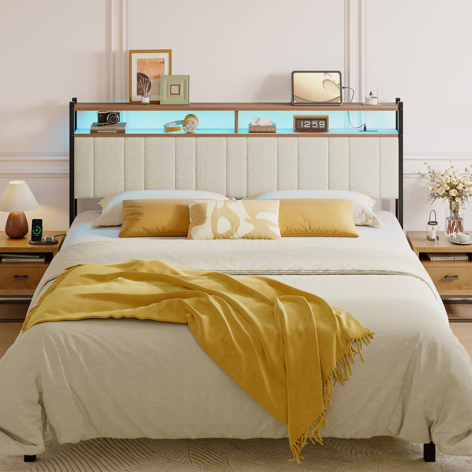 Left. Pinmoco - Linen Upholstered Storage Headboard LED Headboard with Charging Station - Beige.