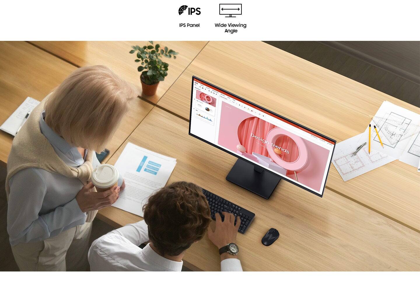 The text on the image reads "IPS IPS Panel Wide Viewing Angle CA Design trends." This text is likely meant to describe the features of the monitor, such as its wide viewing angle and IPS panel technology, which can provide a better visual experience for the users.