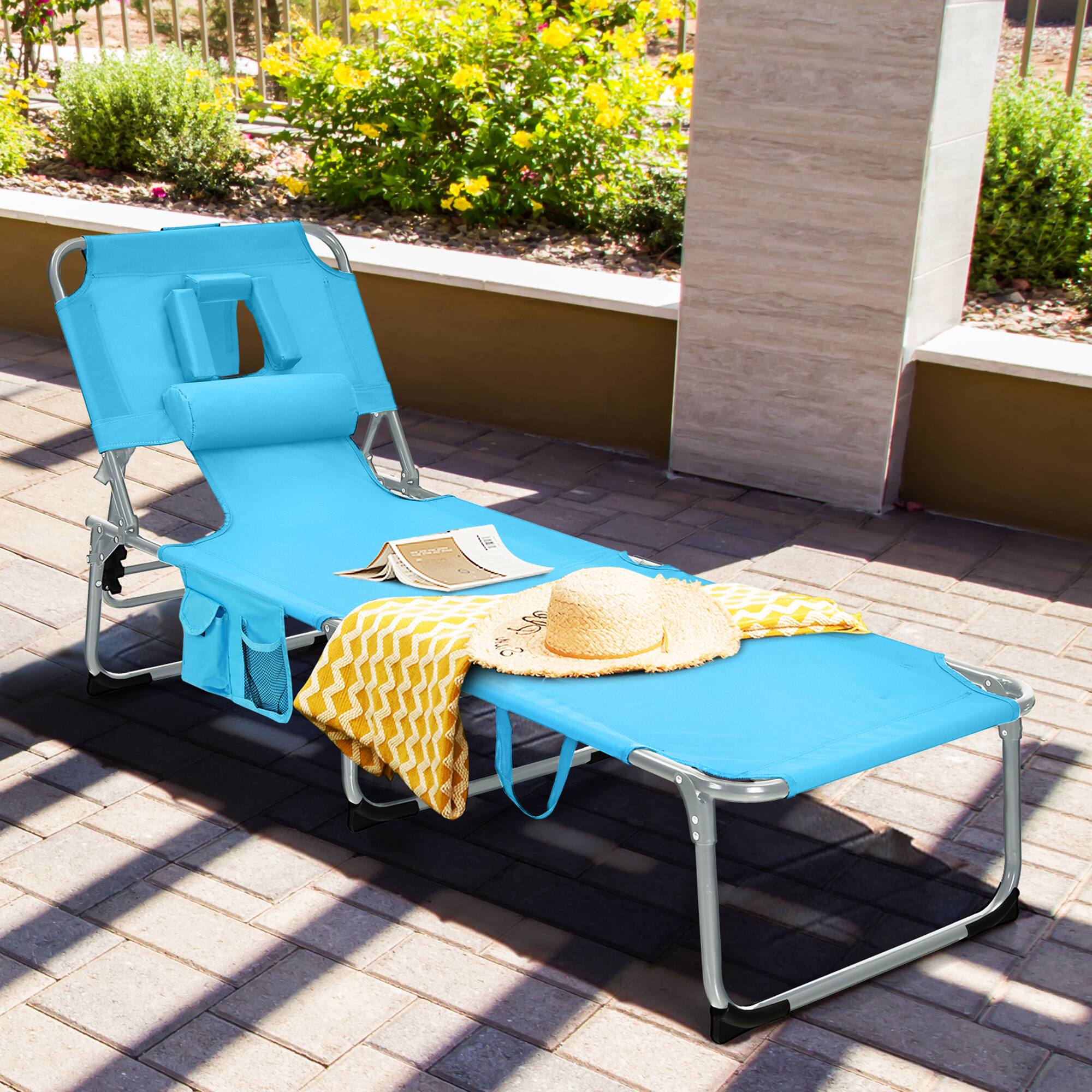 Gymax - Portable Beach Chaise Lounge Chair Folding Reclining Chair w/ Facing Hole - Turquoise price history on PriceWatchPro
