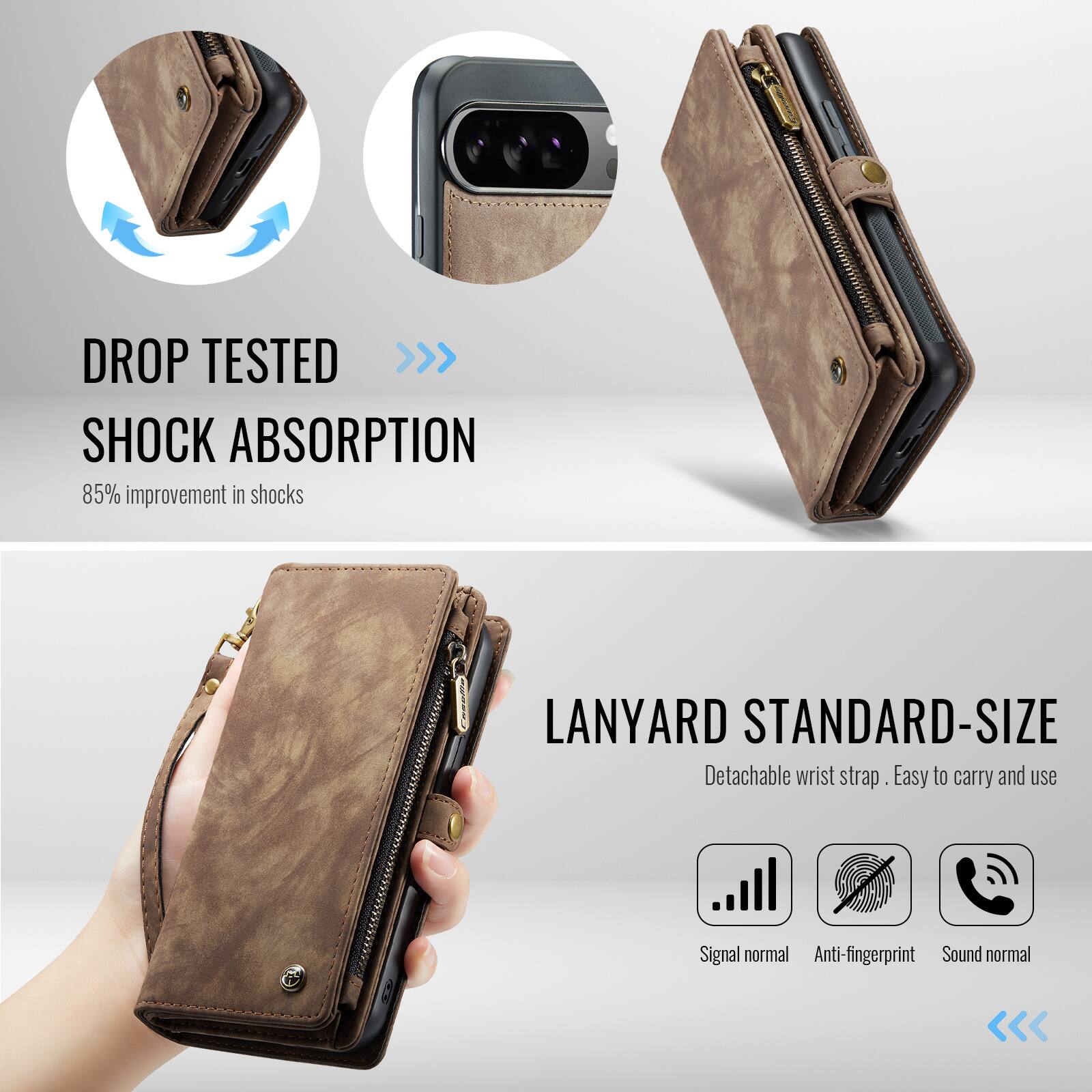 DROP TESTED >>> SHOCK ABSORPTION  
85% improvement in shocks  

LANYARD STANDARD-SIZE  
Detachable wrist strap  
Easy to carry and use  

Signal normal  
Anti-fingerprint  
Sound normal