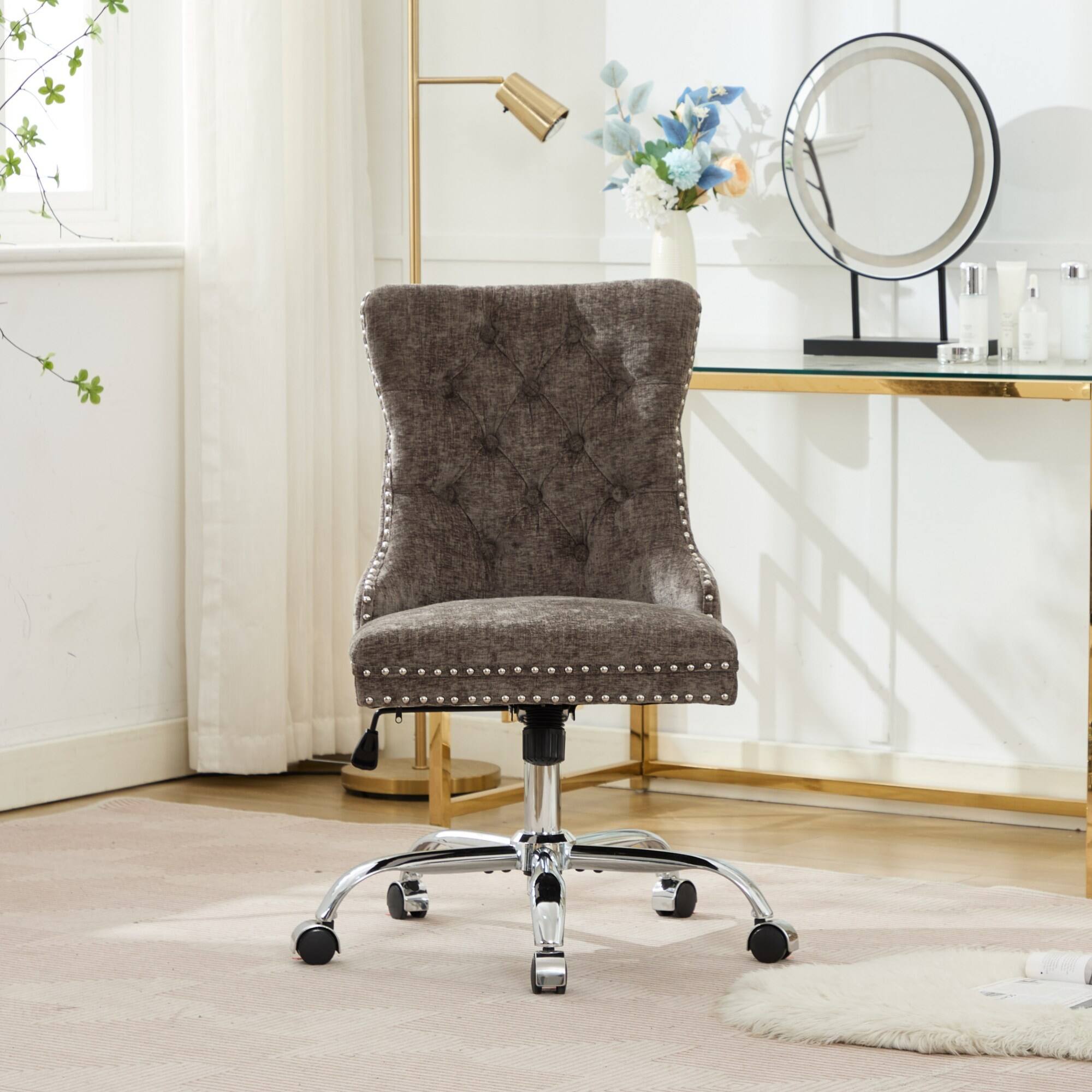 Alt View 10. GOODSILO - Modern Chenille Upholstered Office Chair with Tufted Button Design and Chrome Metal Base for Home Office Workspace - Gray.