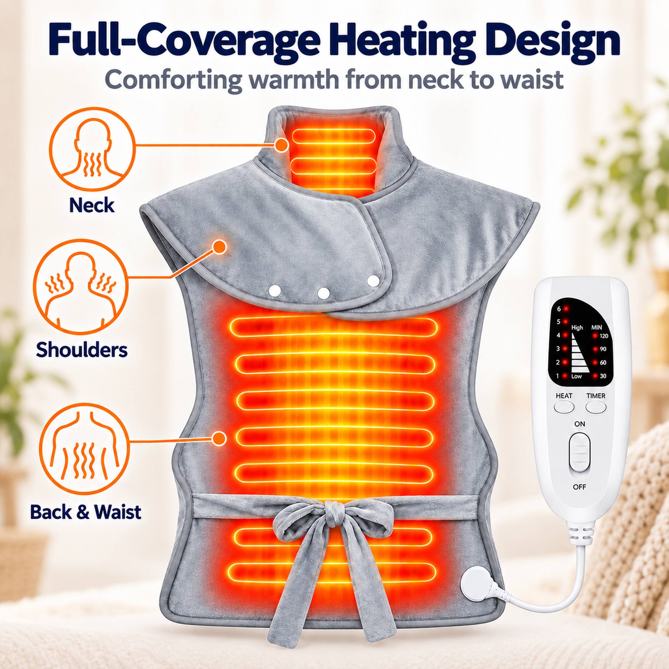 Full-Coverage Heating Design  
Comforting warmth from neck to waist

Neck  
Shoulders  
Back & Waist

6 5 High MIN 4 20 3 90 2 F 60 1 Low 30  
HEAT TIMER  
ON OFF