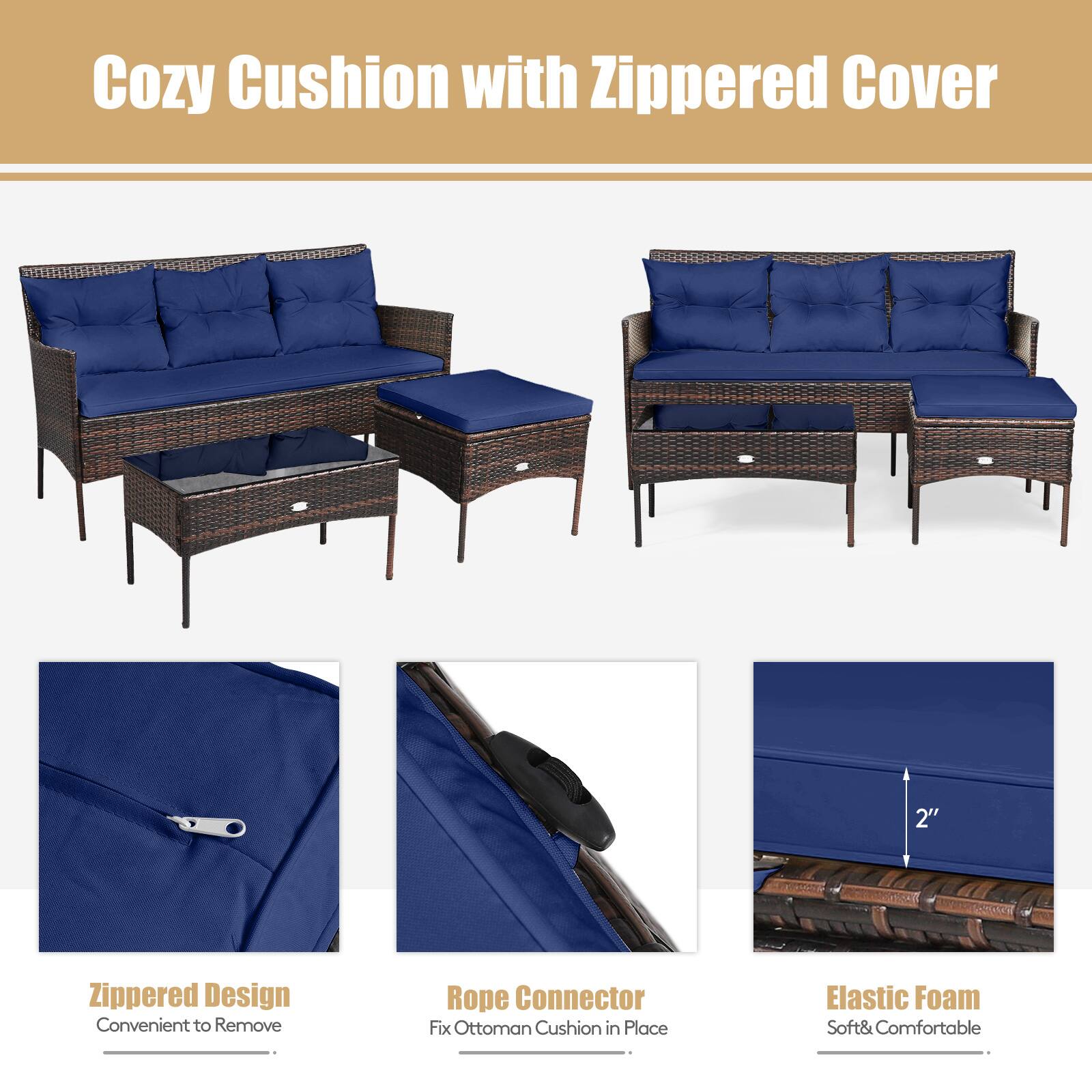 Cozy Cushion with Zippered Cover

Zippered Design
Convenient to Remove

Rope Connector
Fix Ottoman Cushion in Place

Elastic Foam
Soft & Comfortable