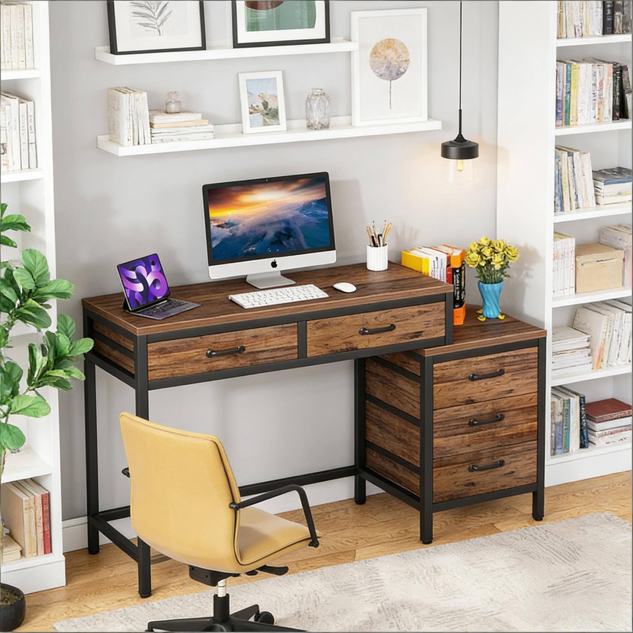 Forest'nSky - Modern Computer Desk with Drawer Cabinet, Writing Table & Spacious Office Workstation - Rustic Brown - Thumbnail 3