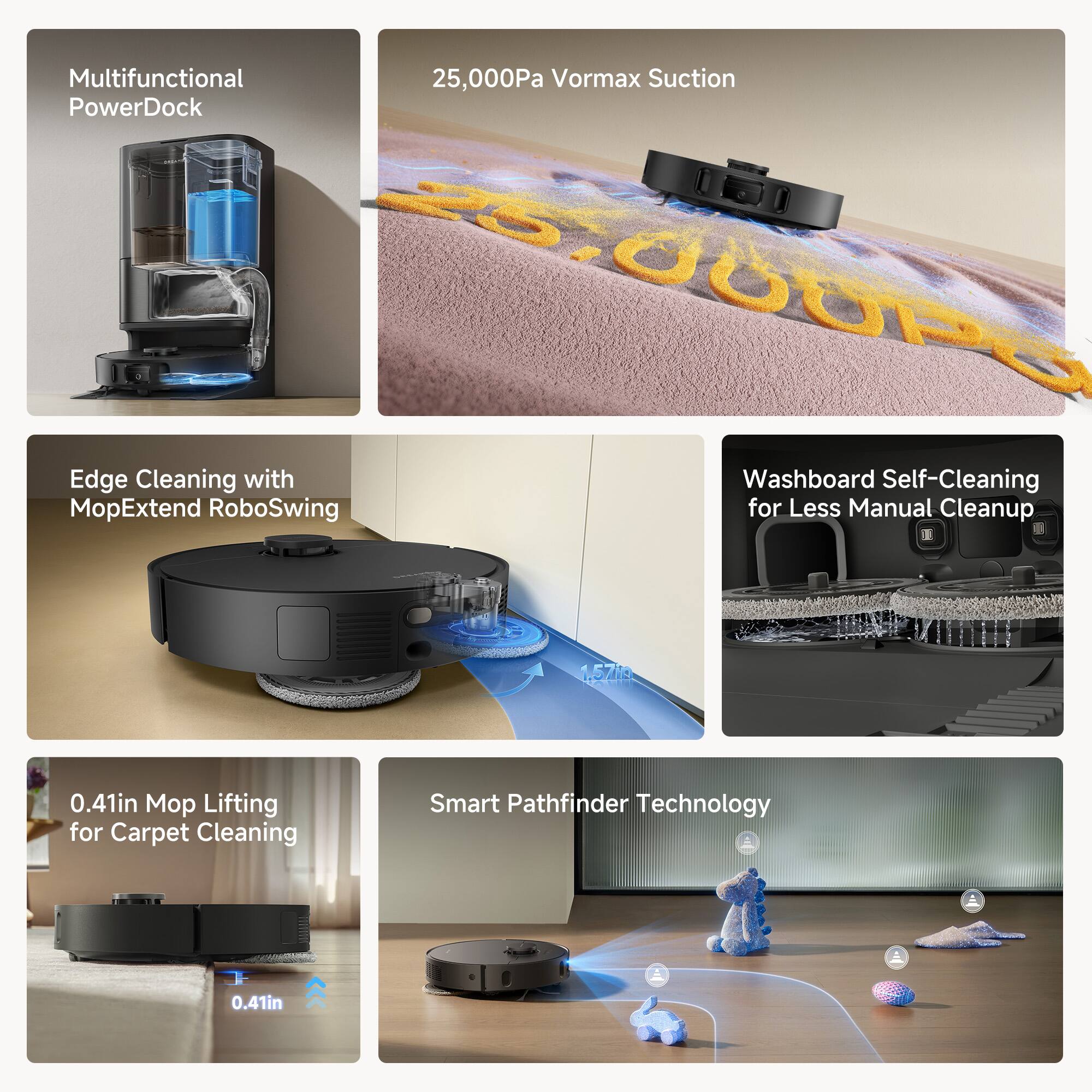 Multifunctional PowerDock

25,000Pa Vormax Suction

Edge Cleaning with MopExtend RoboSwing

Washboard Self-Cleaning for Less Manual Cleanup

0.41in Mop Lifting for Carpet Cleaning

Smart Pathfinder Technology
