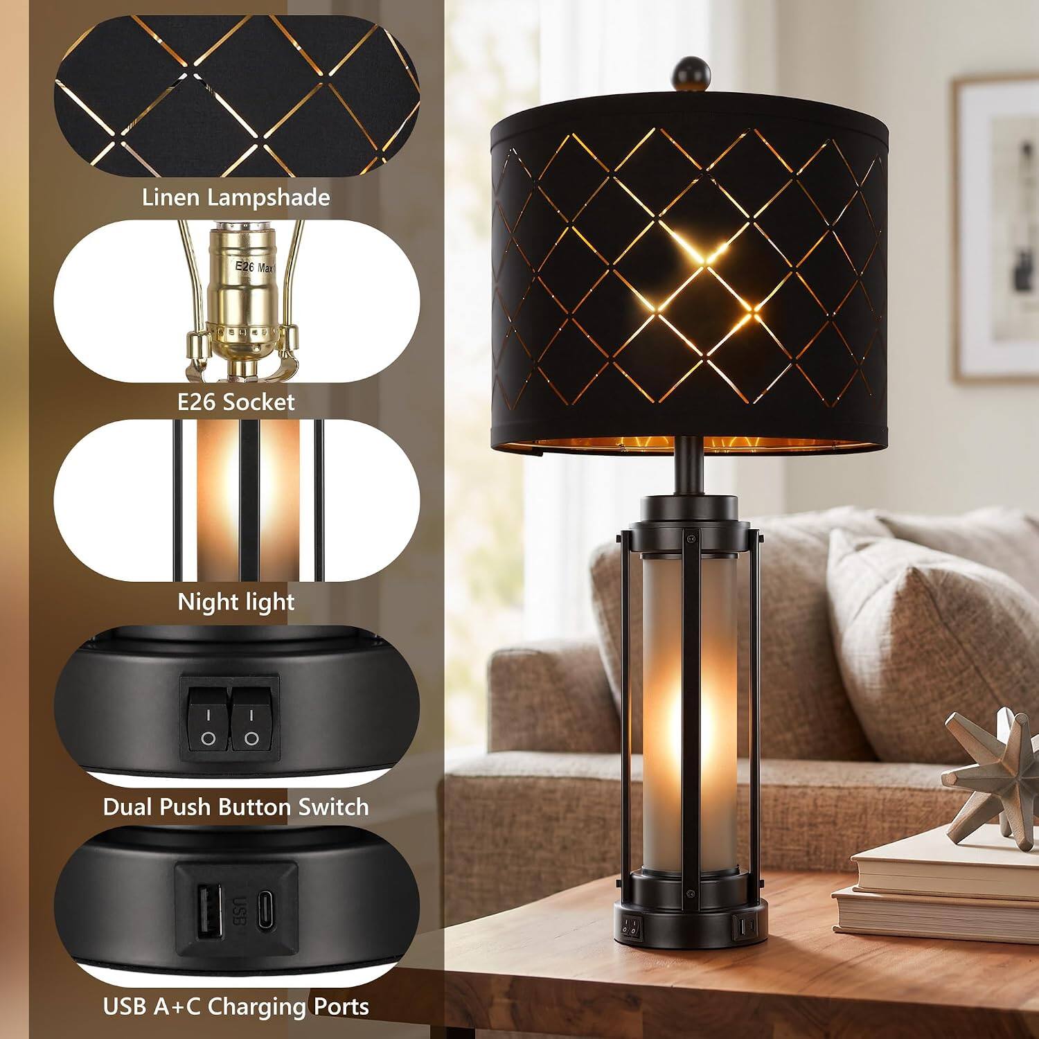 Linen Lampshade  
E26 Max  
E26 Socket  
Night light  
Dual Push Button Switch  
USB A+C Charging Ports