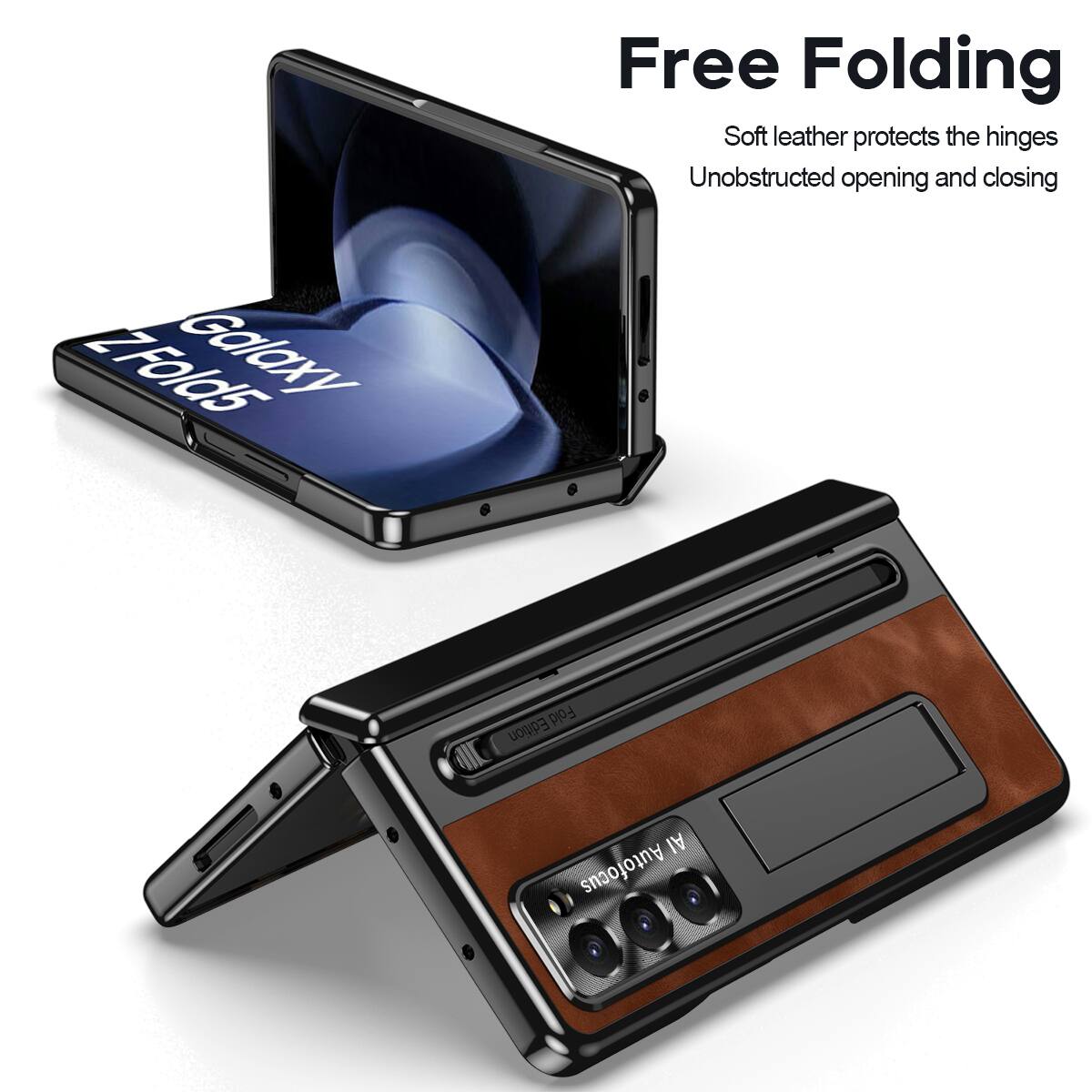 Free Folding  
Soft leather protects the hinges  
Unobstructed opening and closing  

Galaxy Z Fold5  
Auto Focus