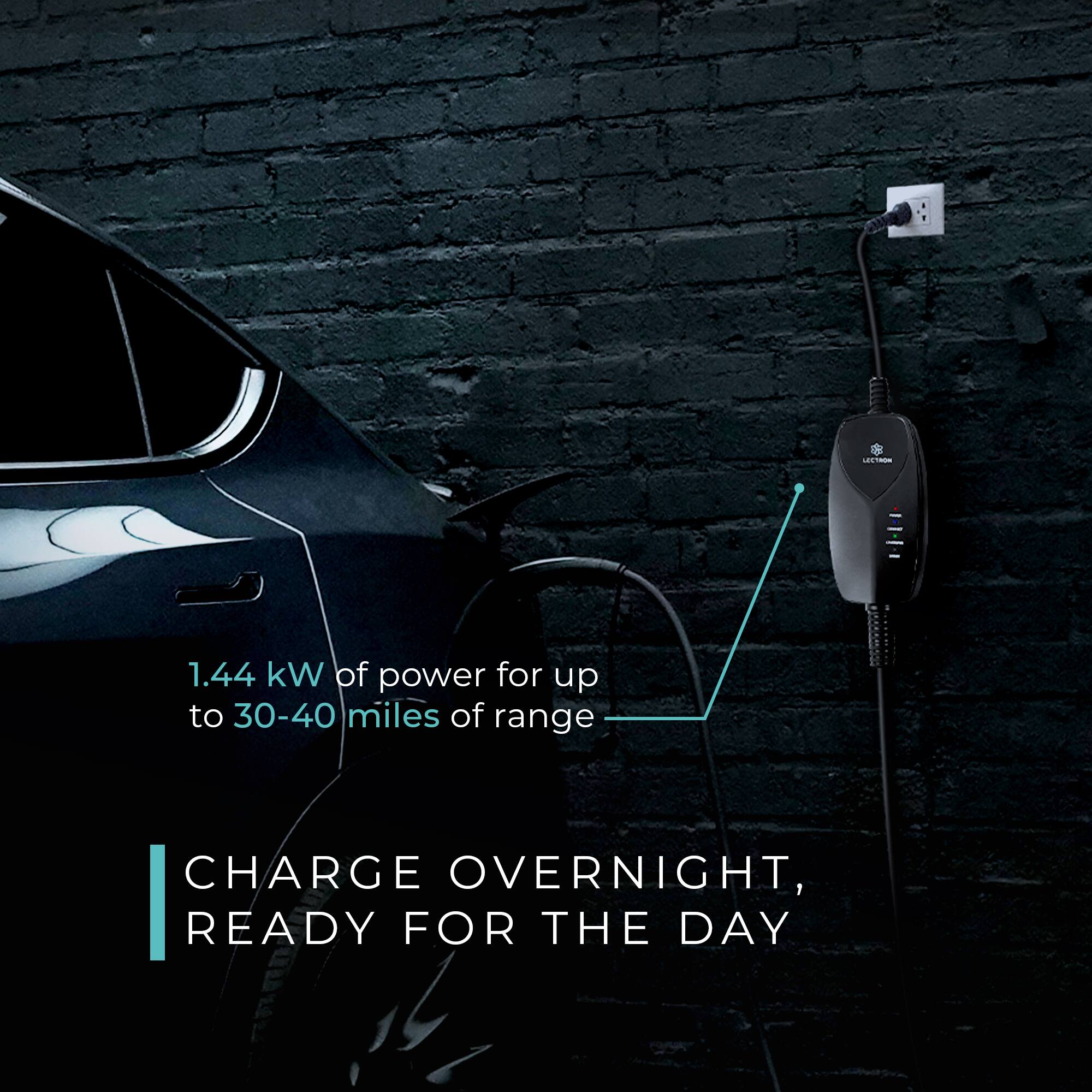 The text on the image reads: "L1 1.44 kW of power for up to 30-40 miles of range CHARGE OVERNIGHT, READY FOR THE DAY."