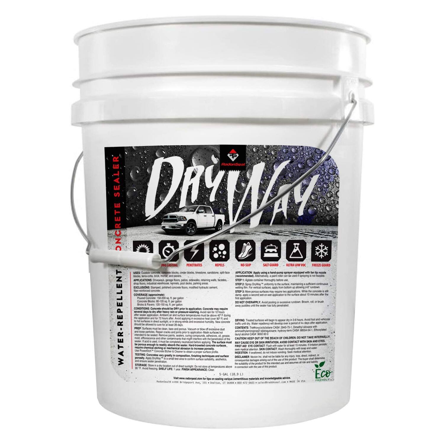Sure, here is the corrected and grouped text from the image:

---

**DryWay**  
**Water-Repellent**  
**Sealer**

**Applications:**  
- Concrete decks, patios, walkways, driveways, garage floors, pool decks, and other concrete surfaces.

**Coverage:**  
- 1 gallon covers approximately 100-150 sq. ft.

**Conditions:**  
- Clean and dry surface. Apply when temperature is between 50°F and 90°F. Avoid applying in direct sunlight or high humidity.

**Preparation:**  
- Remove loose dirt, oil, grease, and other contaminants. Repair cracks and holes. Allow surface to dry completely.

**Application:**  
- Apply using a roller, brush, or sprayer. Apply a thin, even coat. Allow to dry for 2-4 hours before applying a second coat if needed.

**Features:**  
- **Ultra Low VOC**  
- **Freeze Guard**  
- **No Slip**  
- **Salt Guard**

**Exclusions:**  
- Painted surfaces, wood, vinyl, and other non-concrete surfaces.

**Storage:**  
- Store in a cool, dry place. Keep out of reach of children.

**E
