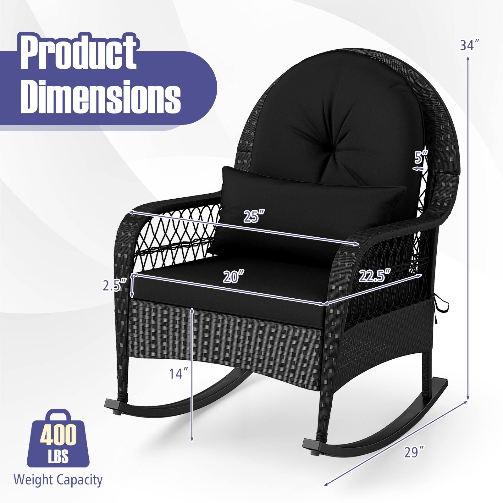 Product Dimensions  
34"  
5"  
2.5"  
25"  
20"  
22.5"  
14"  
29"  

400 LBS Weight Capacity