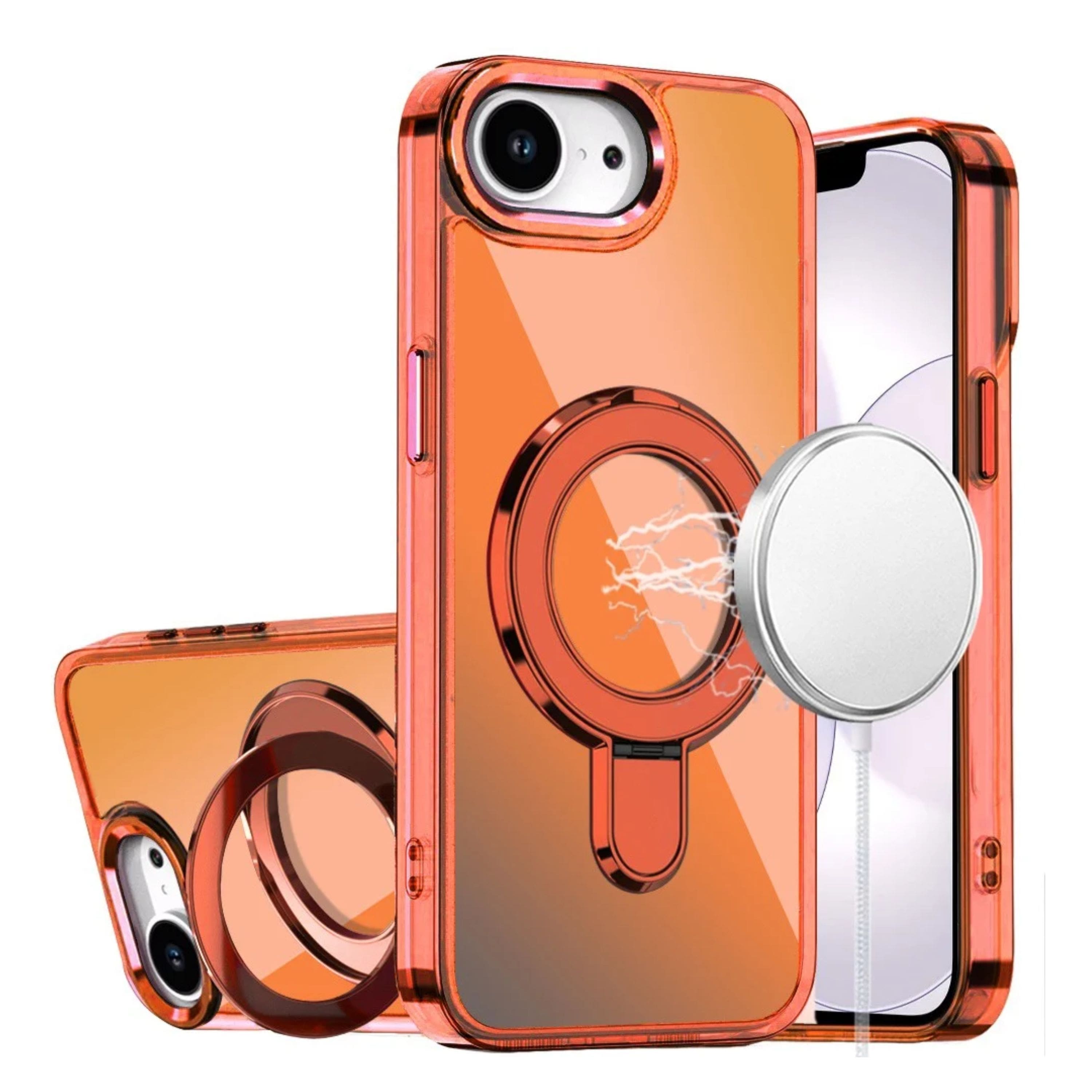 Kitcheniva - Radiant Chrome Magnetic Circle Stand Phone Case With Tempered Glass For iPhone 16e/17e - Cosmic Orange