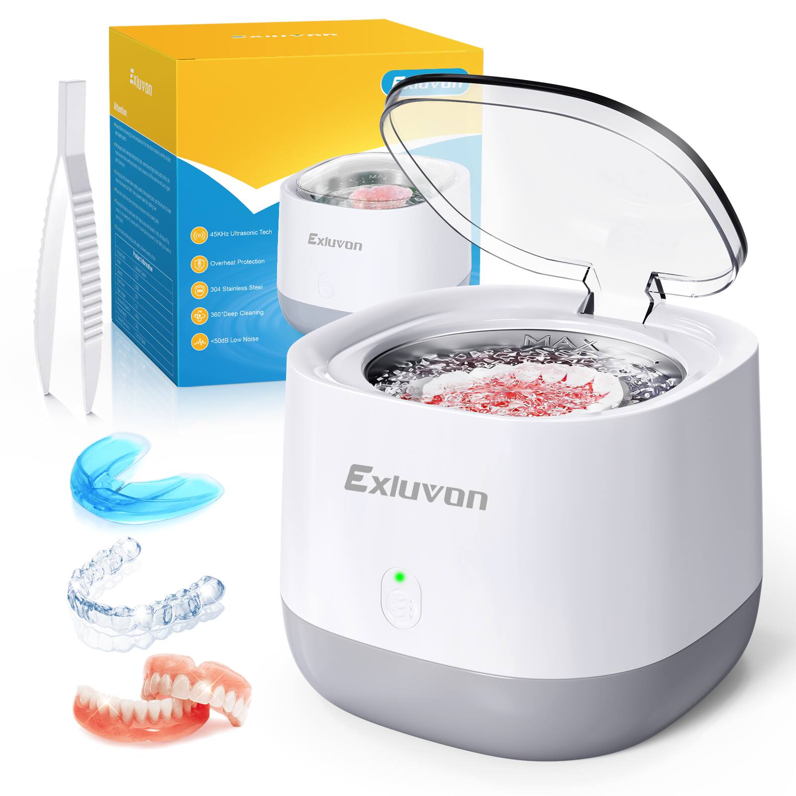 Exluvon - Ultrasonic Retainer Cleaner 45kHz, 250ML Portable Ultrasonic Cleaner, Professional Retainer Cleaner Machine for Dentures