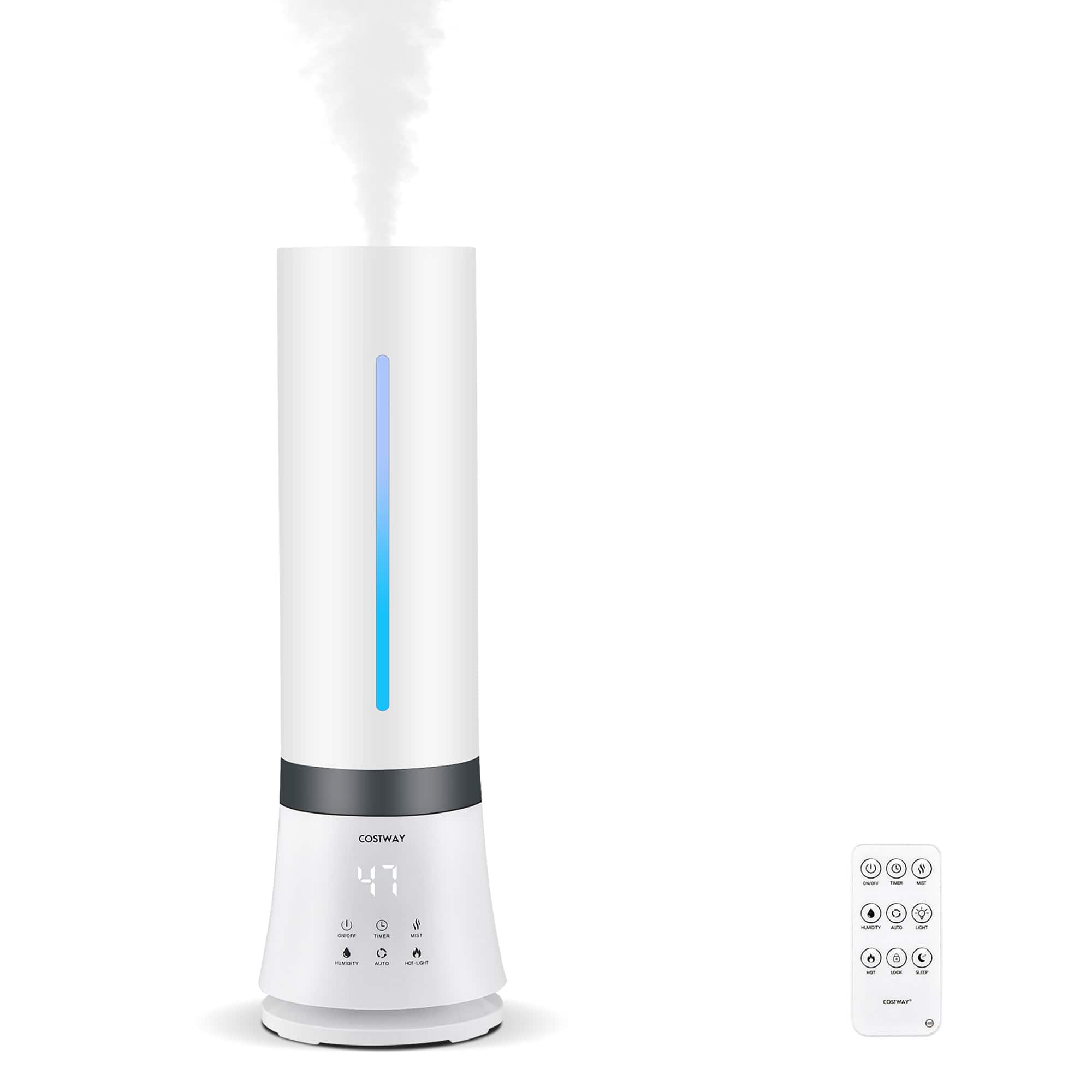 Costway U is a company that produces a variety of products, including a white appliance with a blue light on it. The appliance is designed to be used in a bathroom, as it is a humidifier. It is placed next to a remote control, which is also white in color.