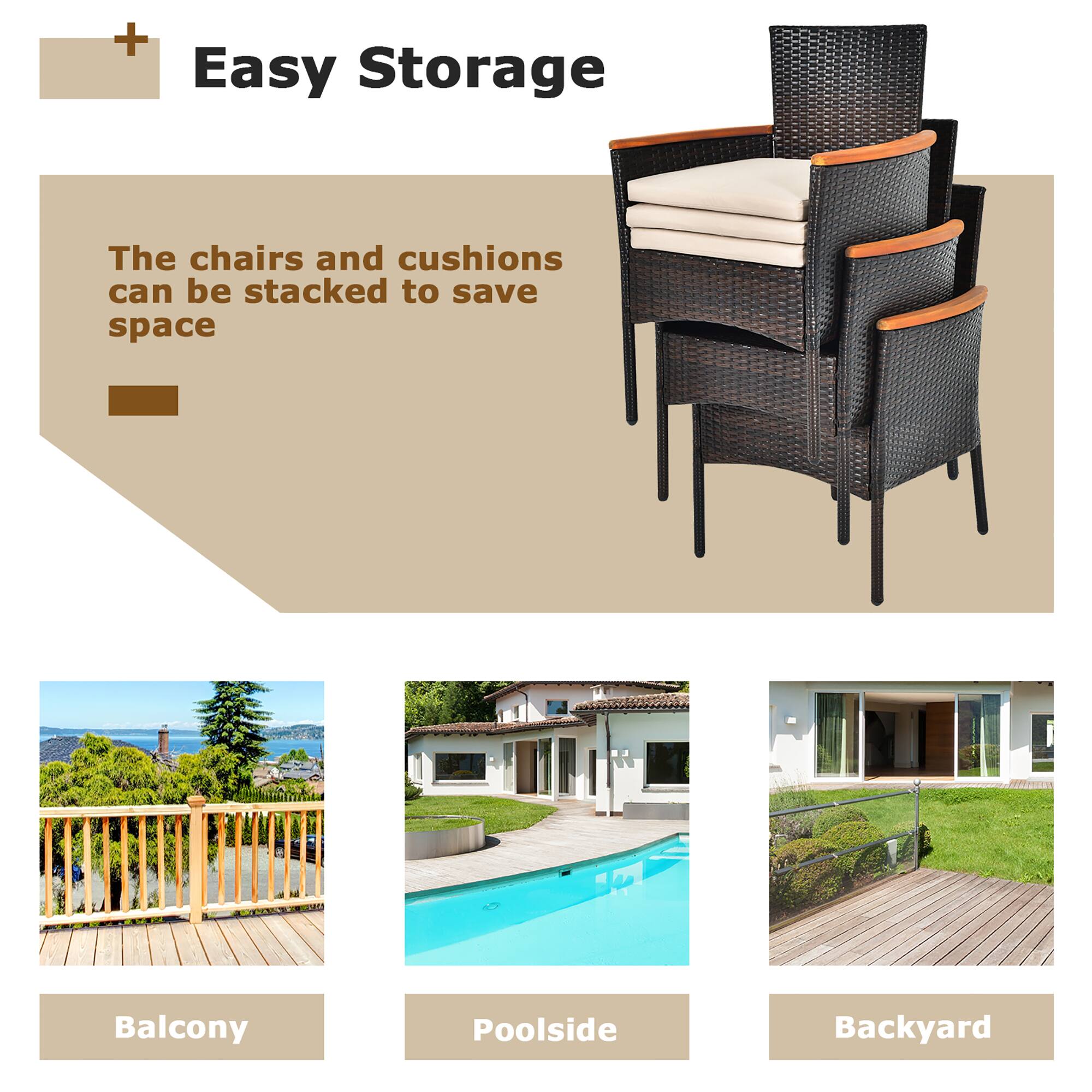 The chairs and cushions can be stacked to save space. This is especially useful for outdoor spaces such as balconies, poolside areas, and backyards. By stacking the chairs and cushions, you can maximize the available space and create a more organized and clutter-free environment. This is particularly helpful in areas where space is limited or when you want to create a more open and relaxing atmosphere.