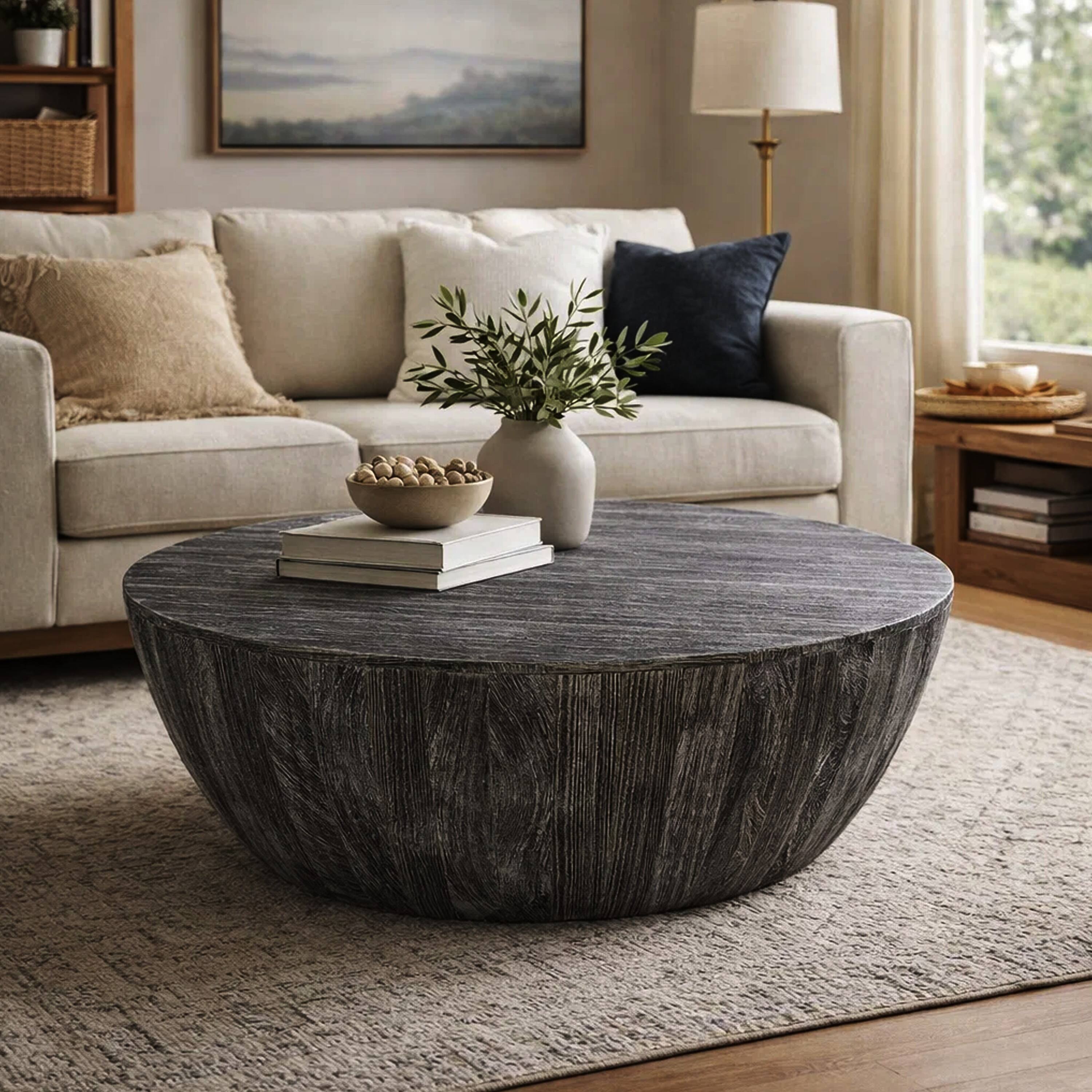 Alt View 9. Manhattan Lane - Arthur 36 Inch Farmhouse Style Handcrafted Mango Wood Coffee Table, Round Drum Shape - Sandblasted Black.
