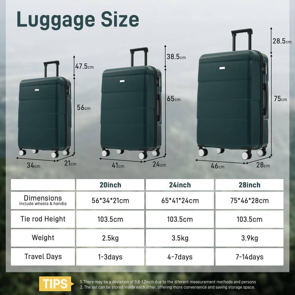 Luggage Size

20inch
- Dimensions: 56*34*21cm
- Tie rod Height: 103.5cm
- Weight: 2.5kg
- Travel Days: 1-3days

24inch
- Dimensions: 65*41*24cm
- Tie rod Height: 103.5cm
- Weight: 3.5kg
- Travel Days: 4-7days

28inch
- Dimensions: 75*46*28cm
- Tie rod Height: 103.5cm
- Weight: 3.9kg
- Travel Days: 7-14days

TIPS
1. There may be a deviation of 0.8-1.2inch due to the different measurement methods and persons.
2. The set can be stored inside each other, offering more convenience and saving storage space.