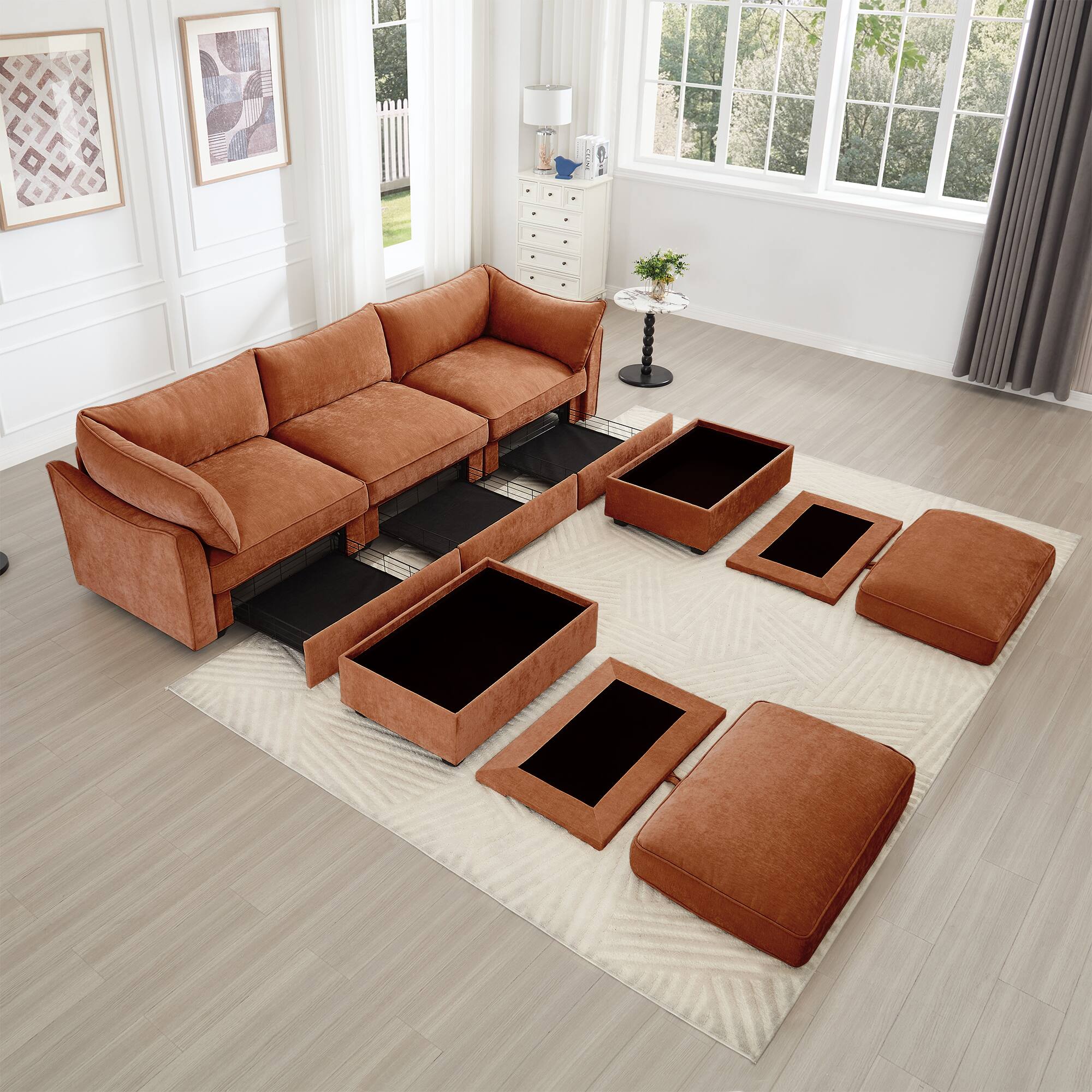 Left. Aukfa - U-Shaped 3-Seater Deep-Seat Sofa with 2 Footstools - Pull-Out Storage Drawers, Crescent Armrests, Chenille - Orange.