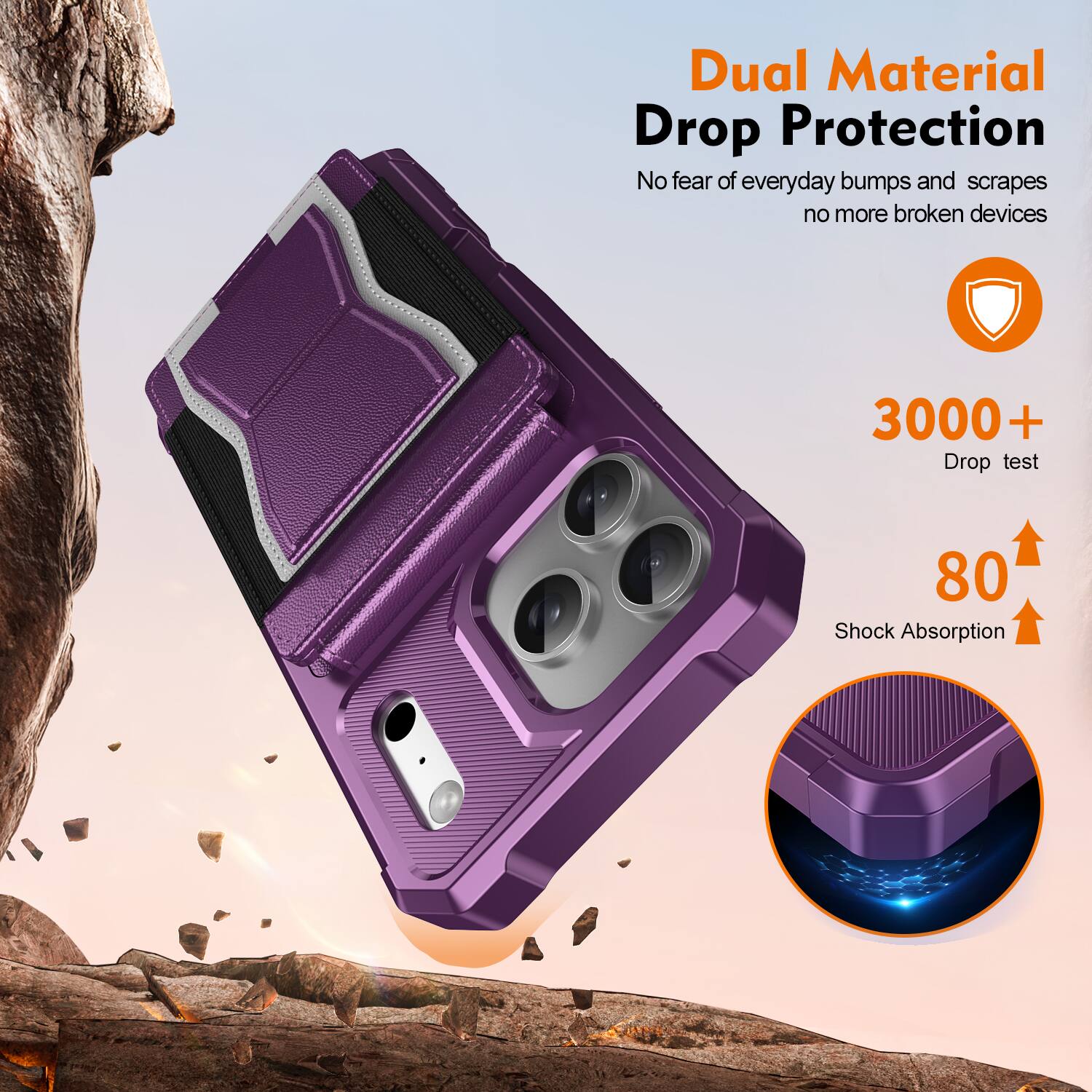 Dual Material Drop Protection  
No fear of everyday bumps and scrapes, no more broken devices  

3000+ Drop test  
80 Shock Absorption