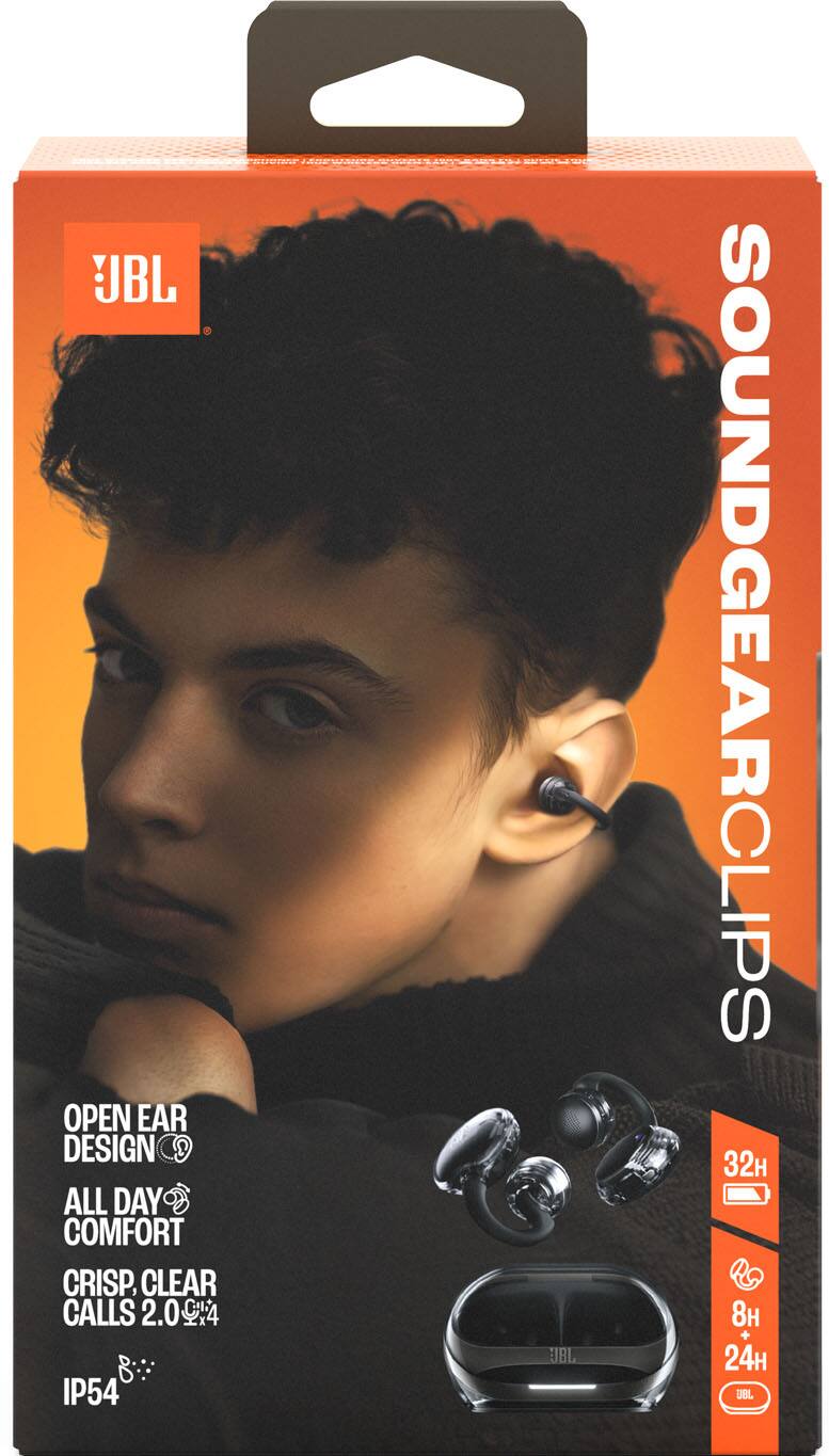 JBL OPEN EAR DESIGN ALL DAY COMFORT CRISP, CLEAR CALLS 2.0 IP54 JBL SOUNDGEARCLIPS 32H 8H + 24H JBU