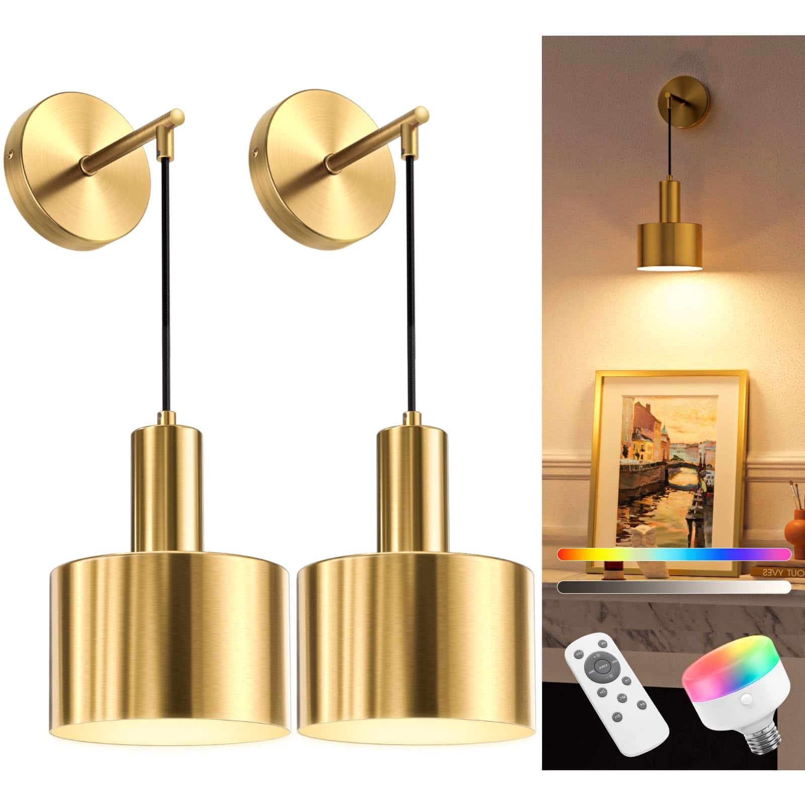 Dazzed Corner - Battery Operated Wall Sconce Set of 2,with 5200mAh Dimmable Detachable Bulbs and Remote, 9 Colors Sconces Wall Decor