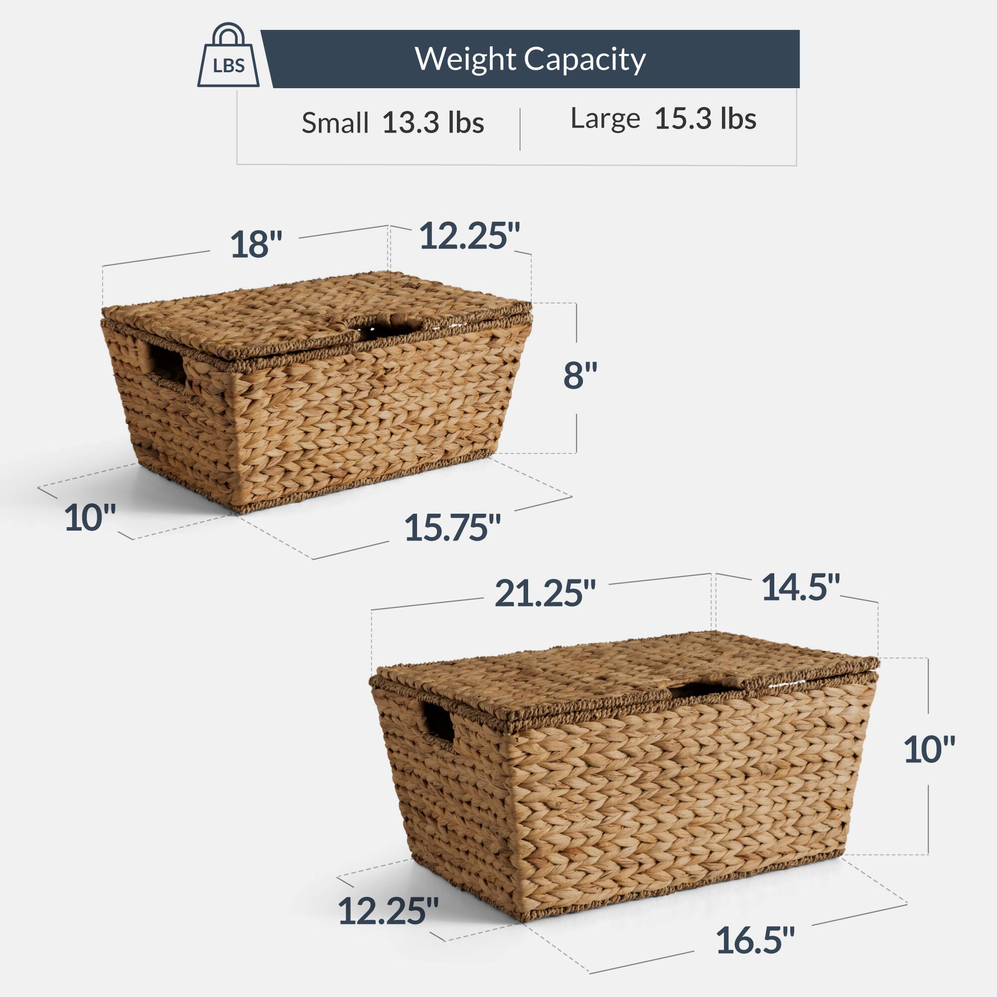 Weight Capacity  
Small 13.3 lbs  
Large 15.3 lbs  

Dimensions  
Small: 18" x 12.25" x 8"  
Large: 21.25" x 14.5" x 10"