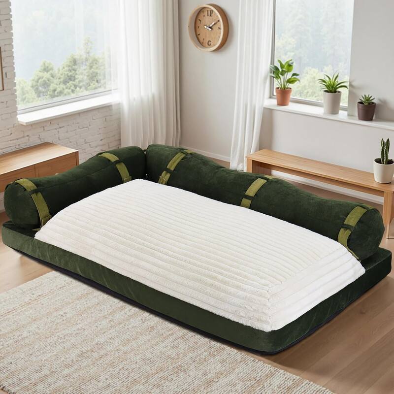 wowmax - 70" Queen Size Sleeper Sofa, Modular Floor Couch Bed with Bamboo Backrest, Green Velvet Boneless Futon for Living Room - Beige