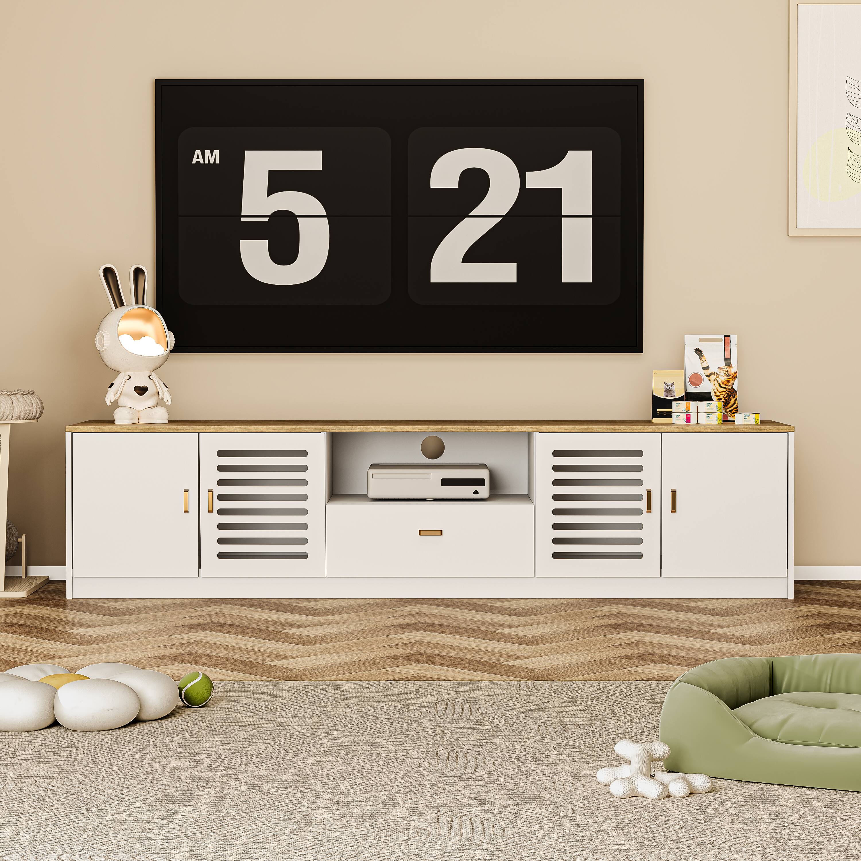 Alt View 1. MSOOB - 78.7" Entertainment Center Hidden Cat Litter Box Enclosure for 85" TV, Modern Wood TV Stand with Storage and Drawer - White.