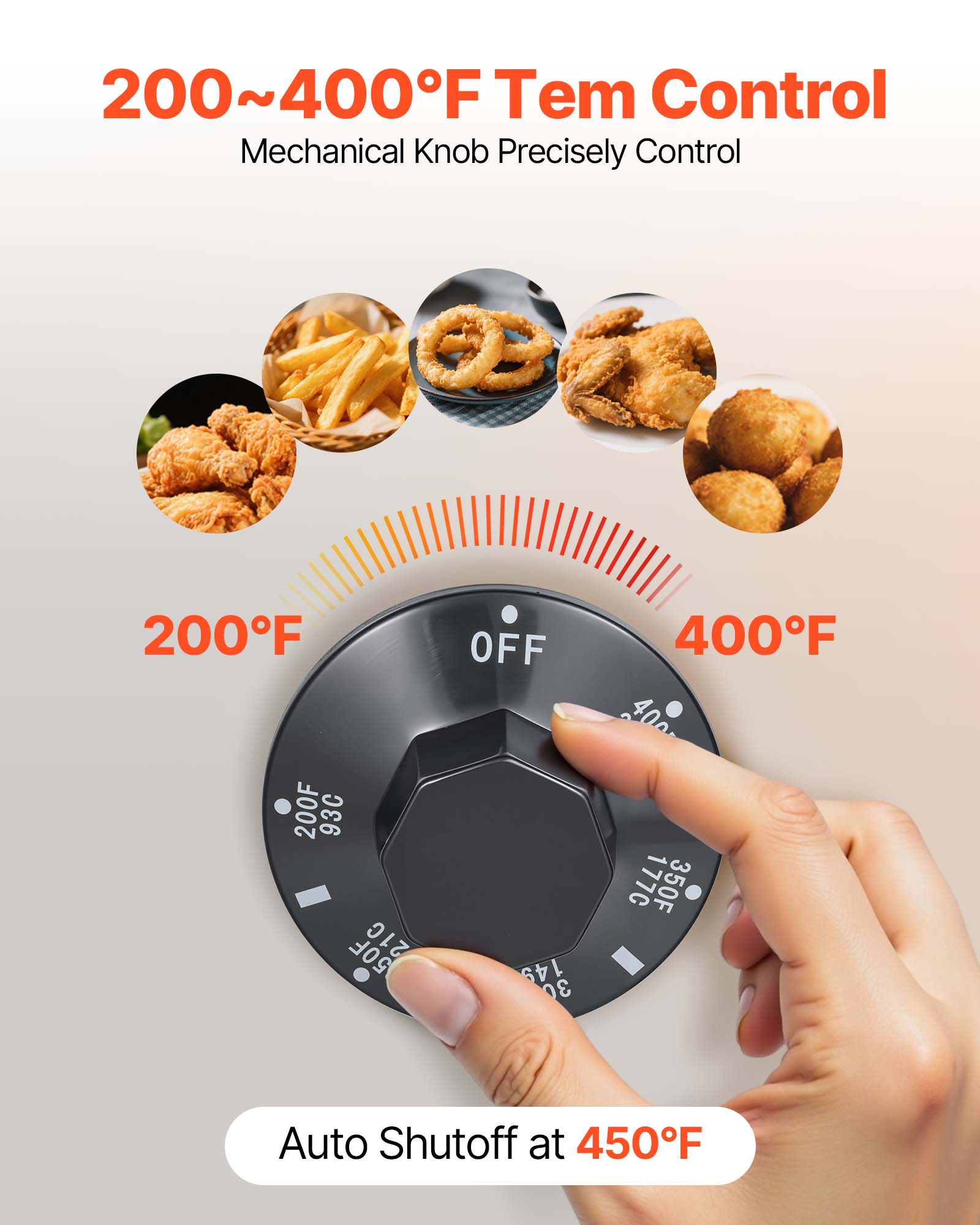 200~400°F Tem Control  
Mechanical Knob Precisely Control  

200°F  
OFF  
400°F  

Auto Shutoff at 450°F