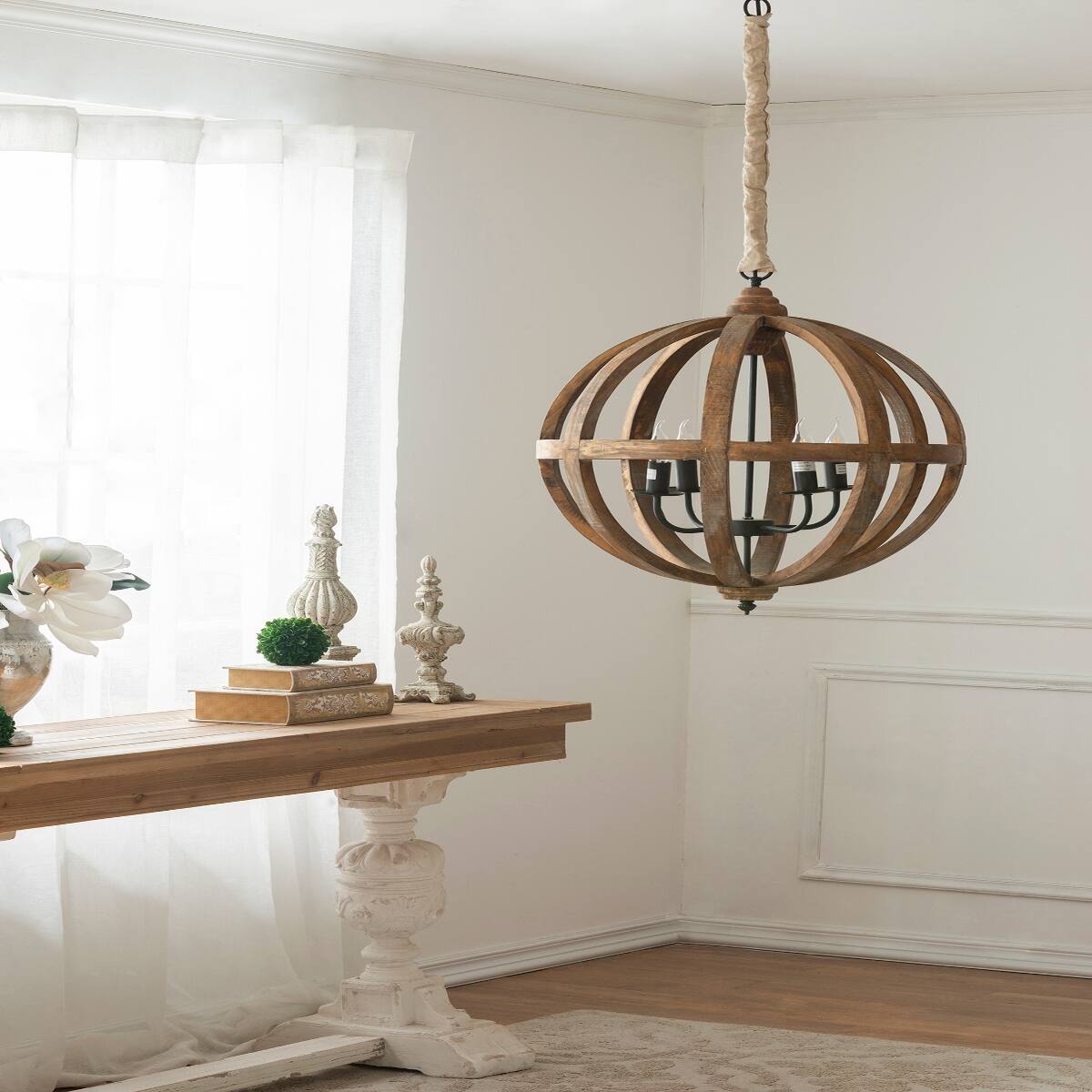 Left. Loheer - Loheer Four Light Wood Chandelier with Adjustable Chain for Dining Room or Foyer.
