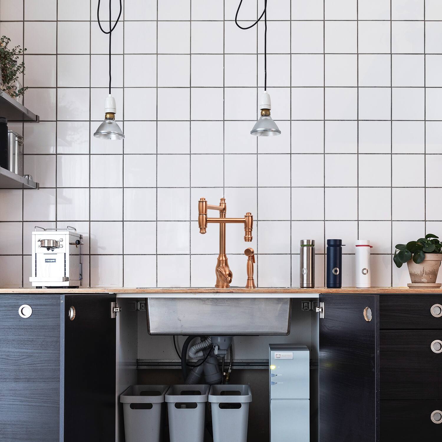 Alt View 3. Akicon - Akicon Solid Brass Single Handle Pot Filler Kitchen Faucet with Side Spray and Double Joint Swing Arms in Copper - Copper.