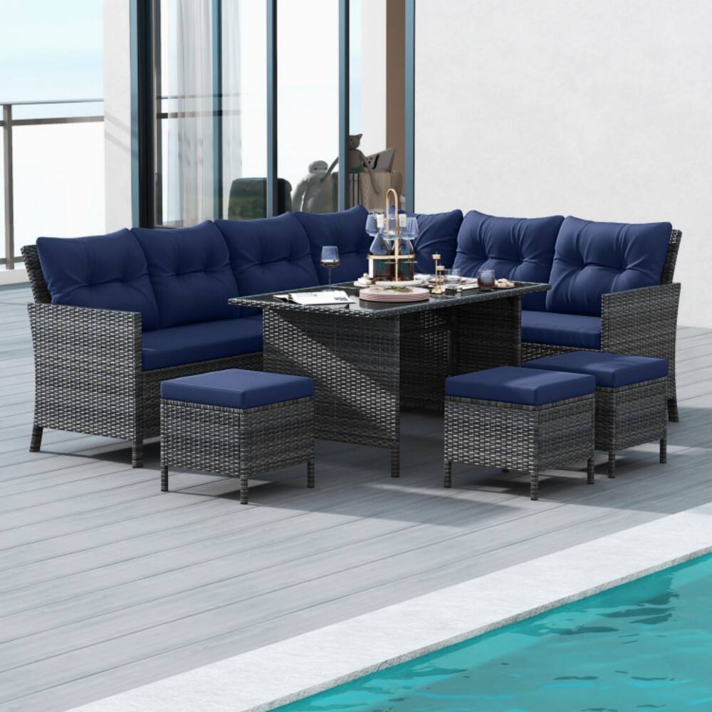 Alt View 5. Mondawe - 7 Pieces Patio Dining Furniture Set with Soft Cushions and Ottomans - Navy.