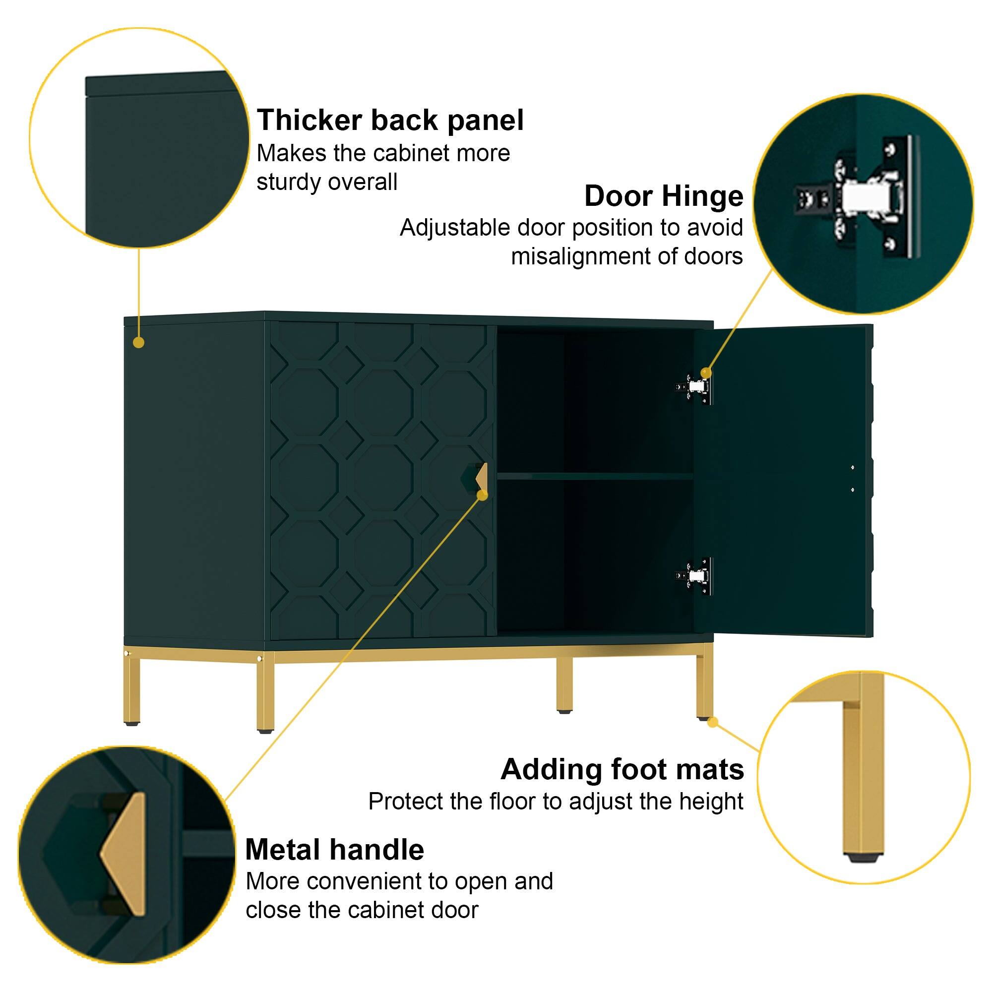 Thicker back panel: Makes the cabinet more sturdy overall

Door Hinge: Adjustable door position to avoid misalignment of doors

Adding foot mats: Protect the floor to adjust the height

Metal handle: More convenient to open and close the cabinet door