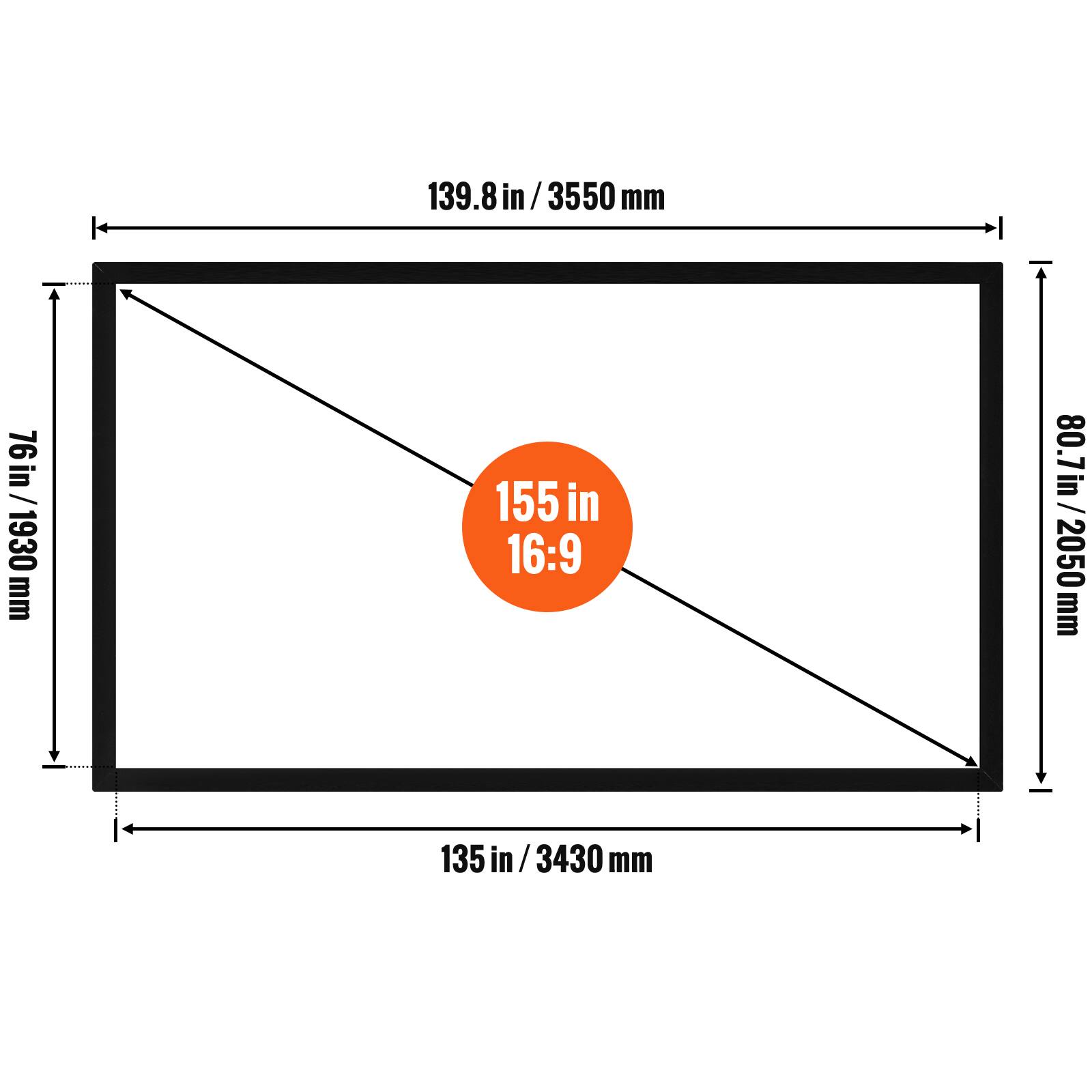 The corrected and grouped text from the image is:

- 139.8 in / 3550 mm
- 76 in / 1930 mm
- 155 in / 3937 mm
- 135 in / 3430 mm
- 16:9 aspect ratio

These measurements correspond to the dimensions of the screen.