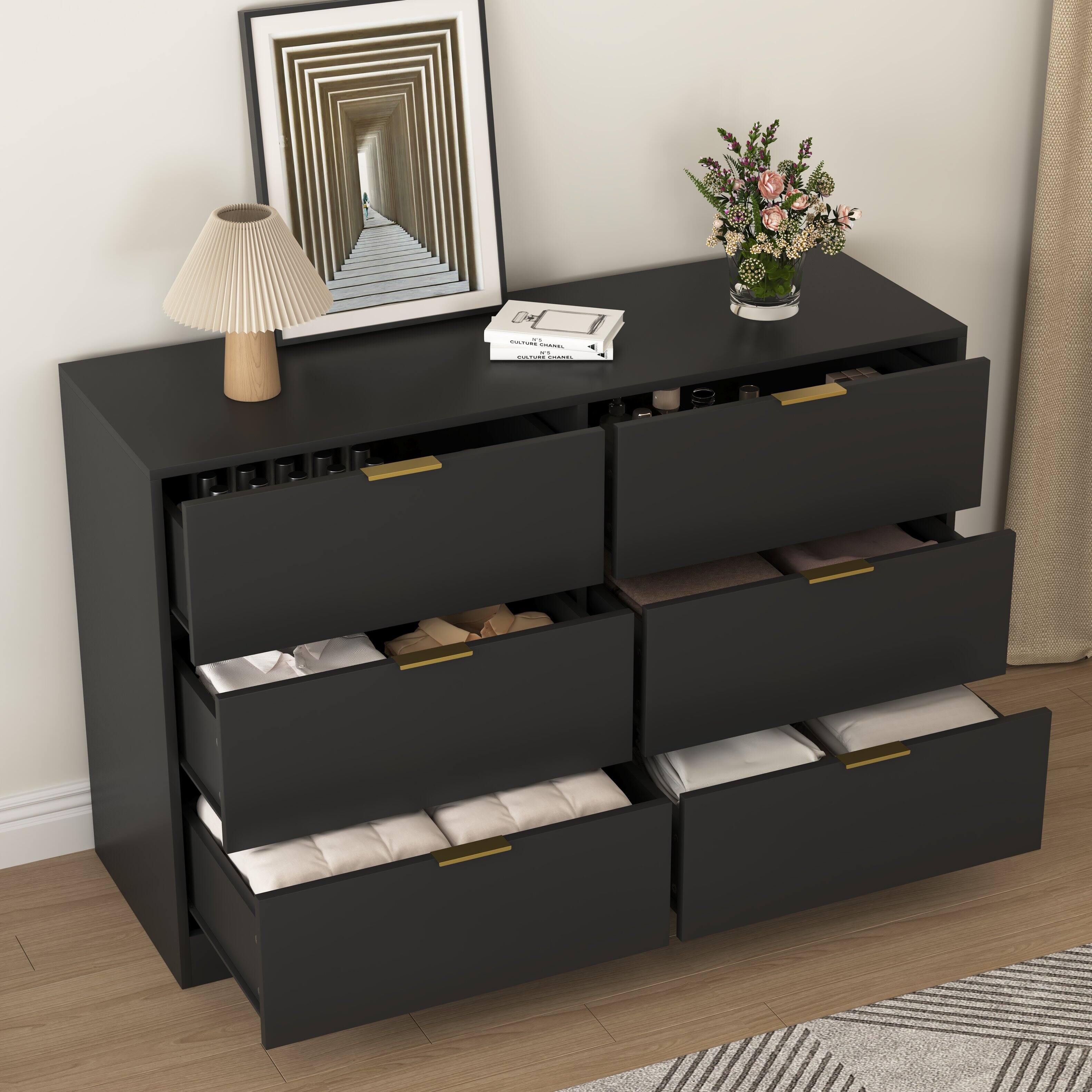 Back. Z-Edge - 6 Drawer Dresser for Bedroom, Modern Chest of Drawers, Wood Storage Double Dresser with Deep Drawers for Living Room - Black.