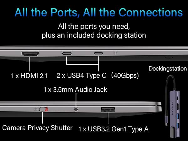 All the Ports, All the Connections

All the ports you need, plus an included docking station

1 x HDMI 2.1  
2 x USB4 Type C (40Gbps)  
1 x 3.5mm Audio Jack  
1 x USB3.2 Gen1 Type A  

Camera Privacy Shutter  

Dockingstation  

GEEKOM