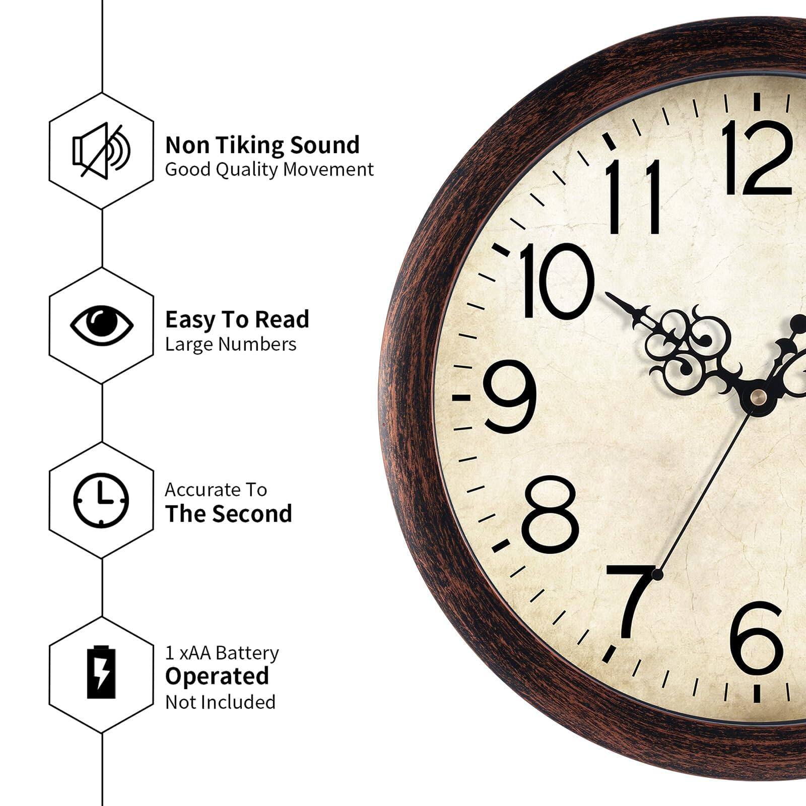 - Non Ticking Sound
  - Good Quality Movement

- Easy To Read
  - Large Numbers

- Accurate To The Second

- 1 xAA Battery Operated
  - Not Included