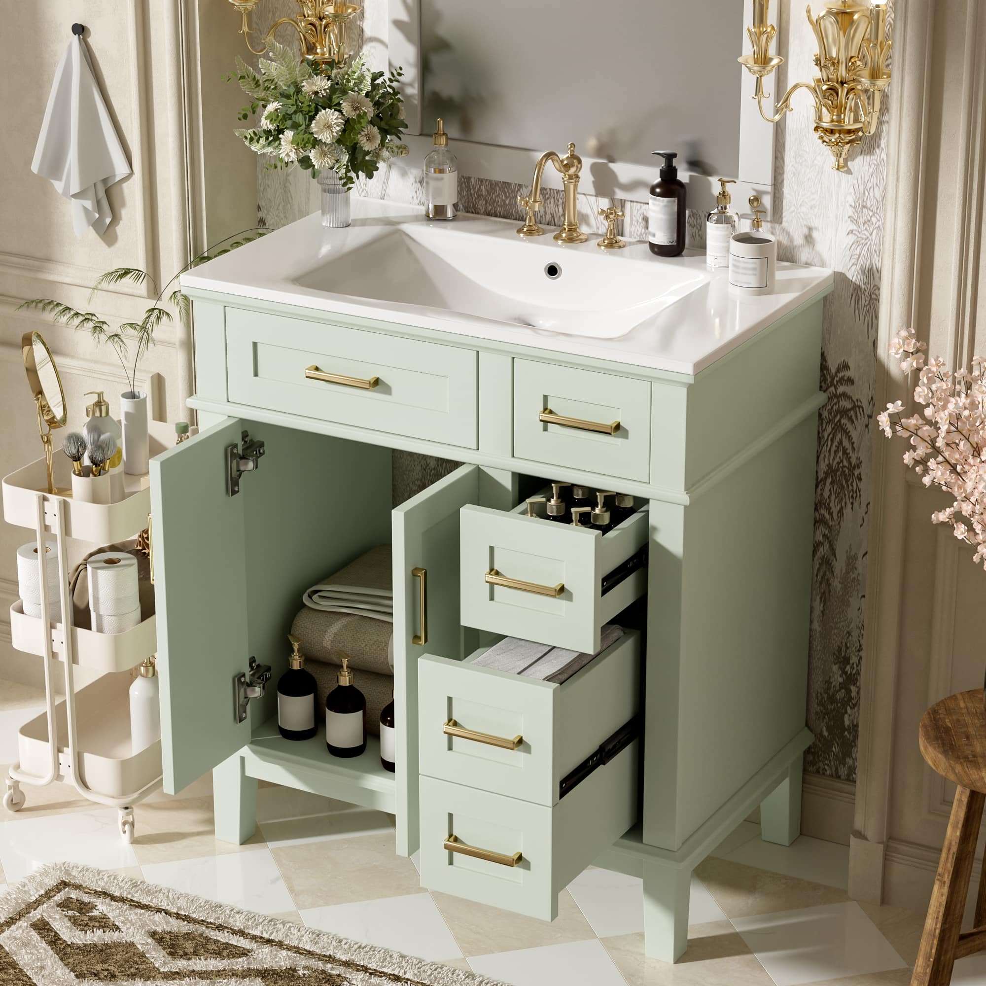 Tiramisubest - 30" Bathroom Vanity with Ceramic Sink, Storage Cabinet - Green