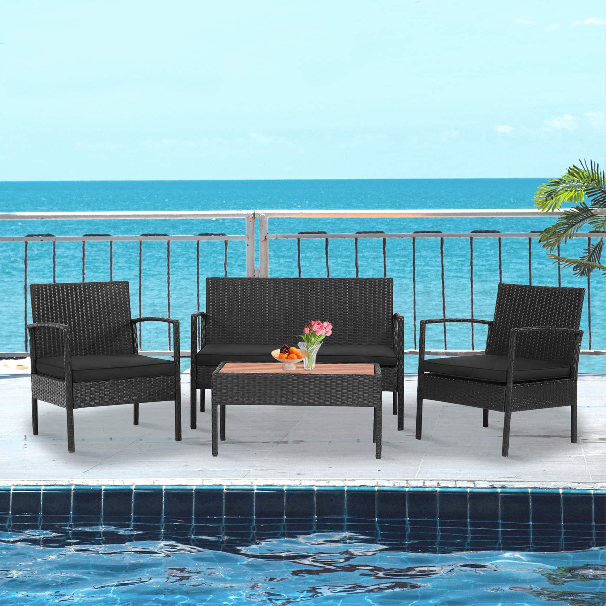Front. Gymax - Gymax 4PCS Rattan Patio Conversation Furniture Set Outdoor Sofa Set w/ Black Cushions - Black.