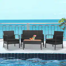 Front. Gymax - Gymax 4PCS Rattan Patio Conversation Furniture Set Outdoor Sofa Set w/ Black Cushions - Black.