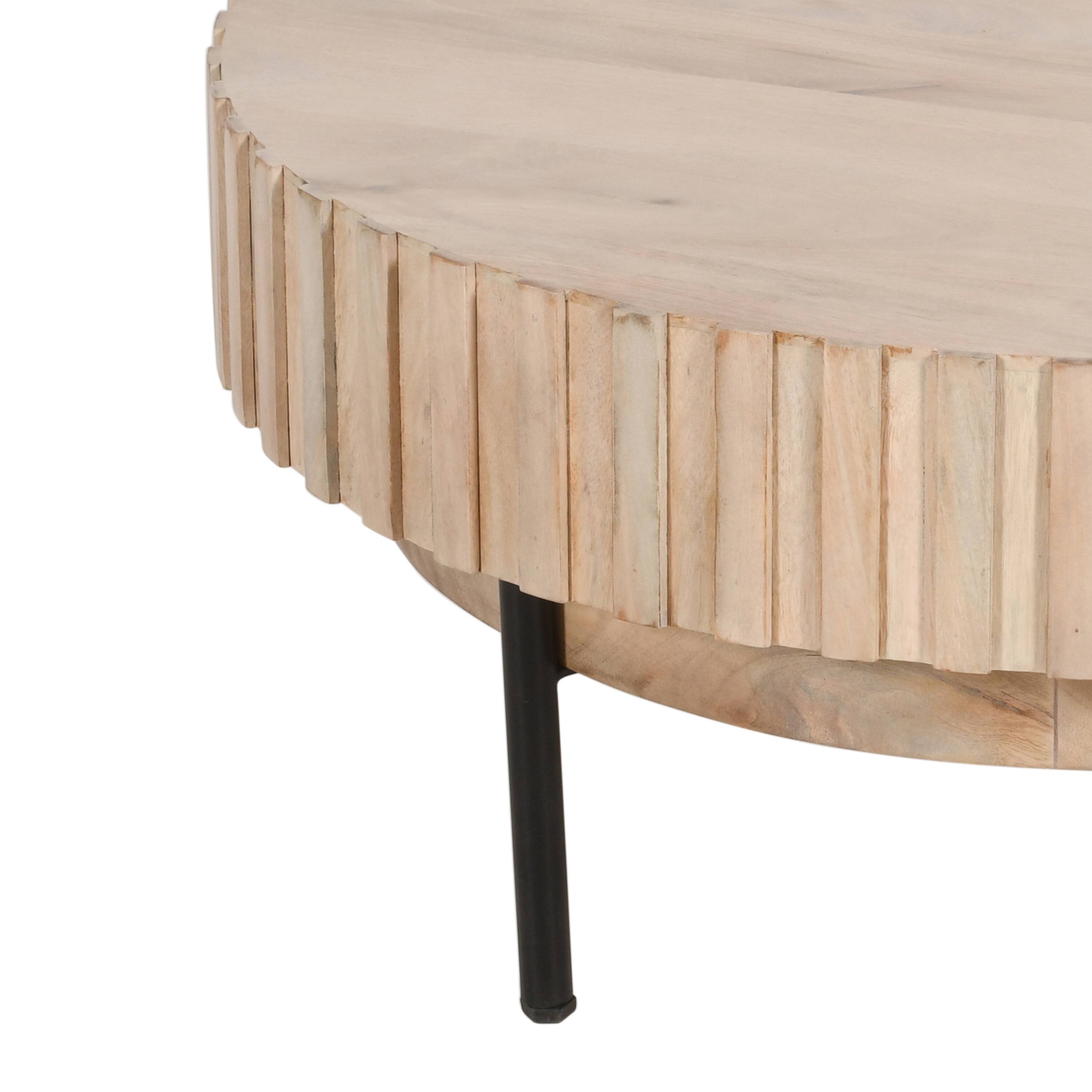 Alt View 3. Manhattan Lane - 36 Inch Modern Handcrafted Round Coffee Table, Oak White Wood Top with Grooved Edges, Black Iron Legs - Oak White, Black.