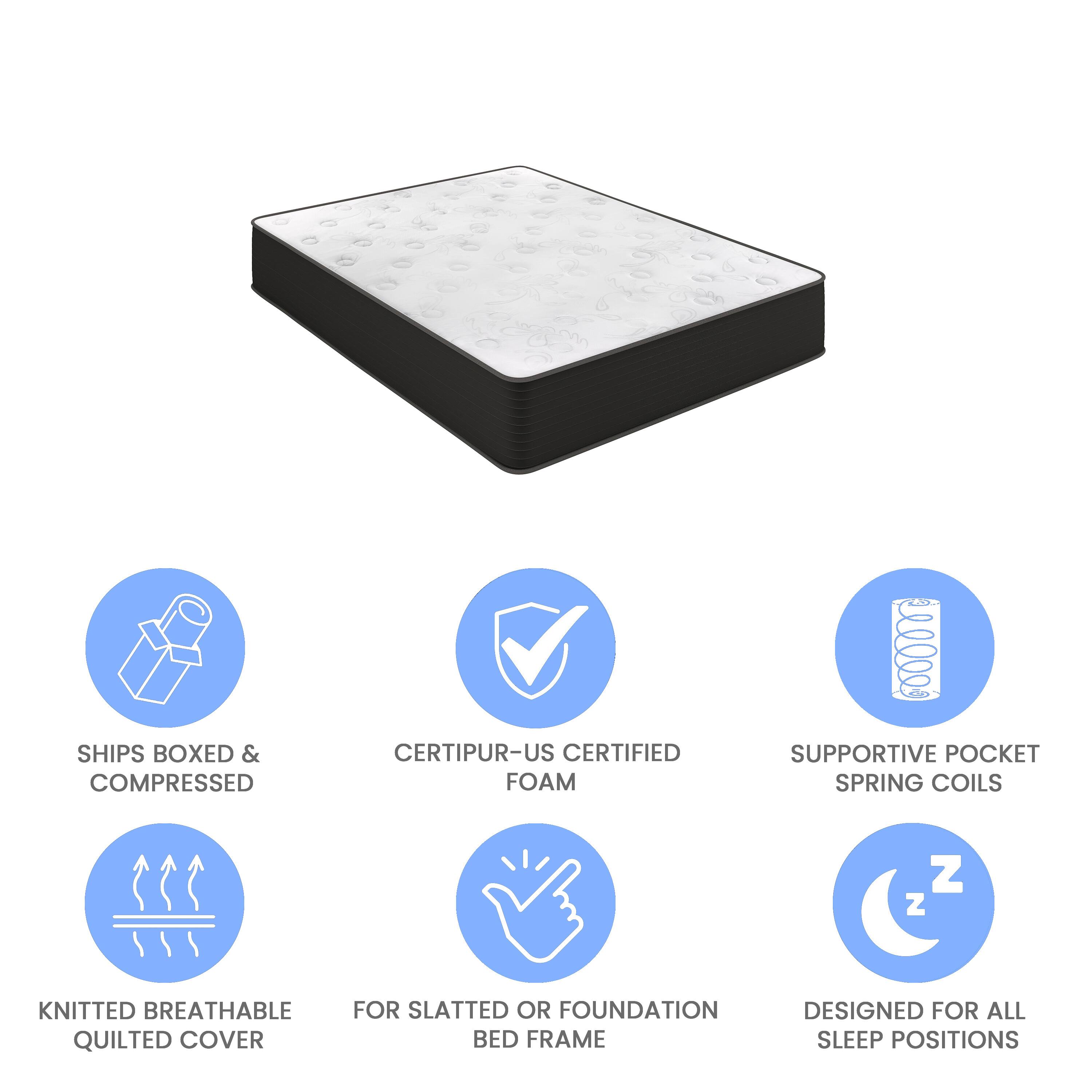 - Ships boxed & compressed
- Certipur-US certified foam
- Supportive pocket spring coils
- Knitted breathable quilted cover
- For slatted or foundation bed frame
- Designed for all sleep positions