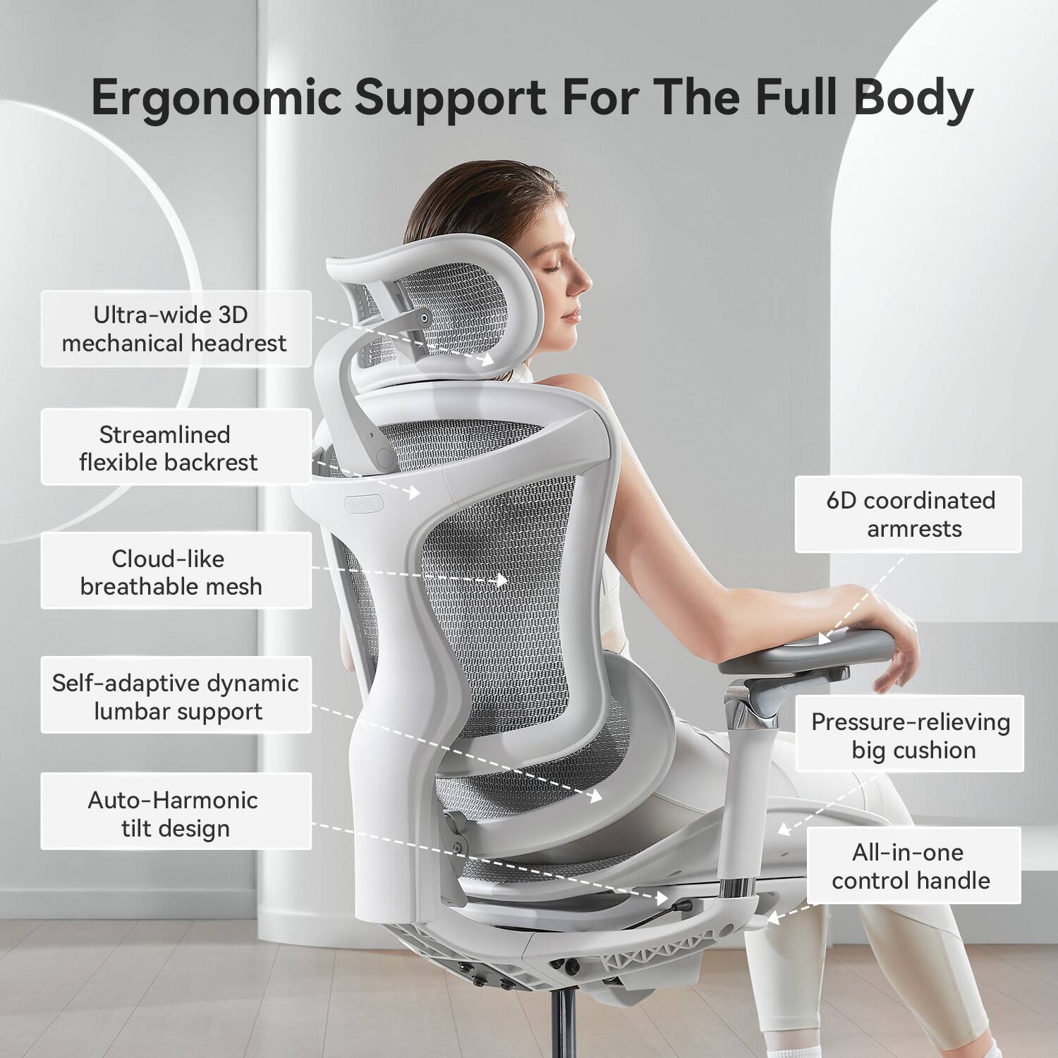 Ergonomic Support For The Full Body

Ultra-wide 3D mechanical headrest
Streamlined flexible backrest
Cloud-like breathable mesh
6D coordinated armrests
Self-adaptive dynamic lumbar support
Pressure-relieving big cushion
Auto-Harmonic tilt design
All-in-one control handle