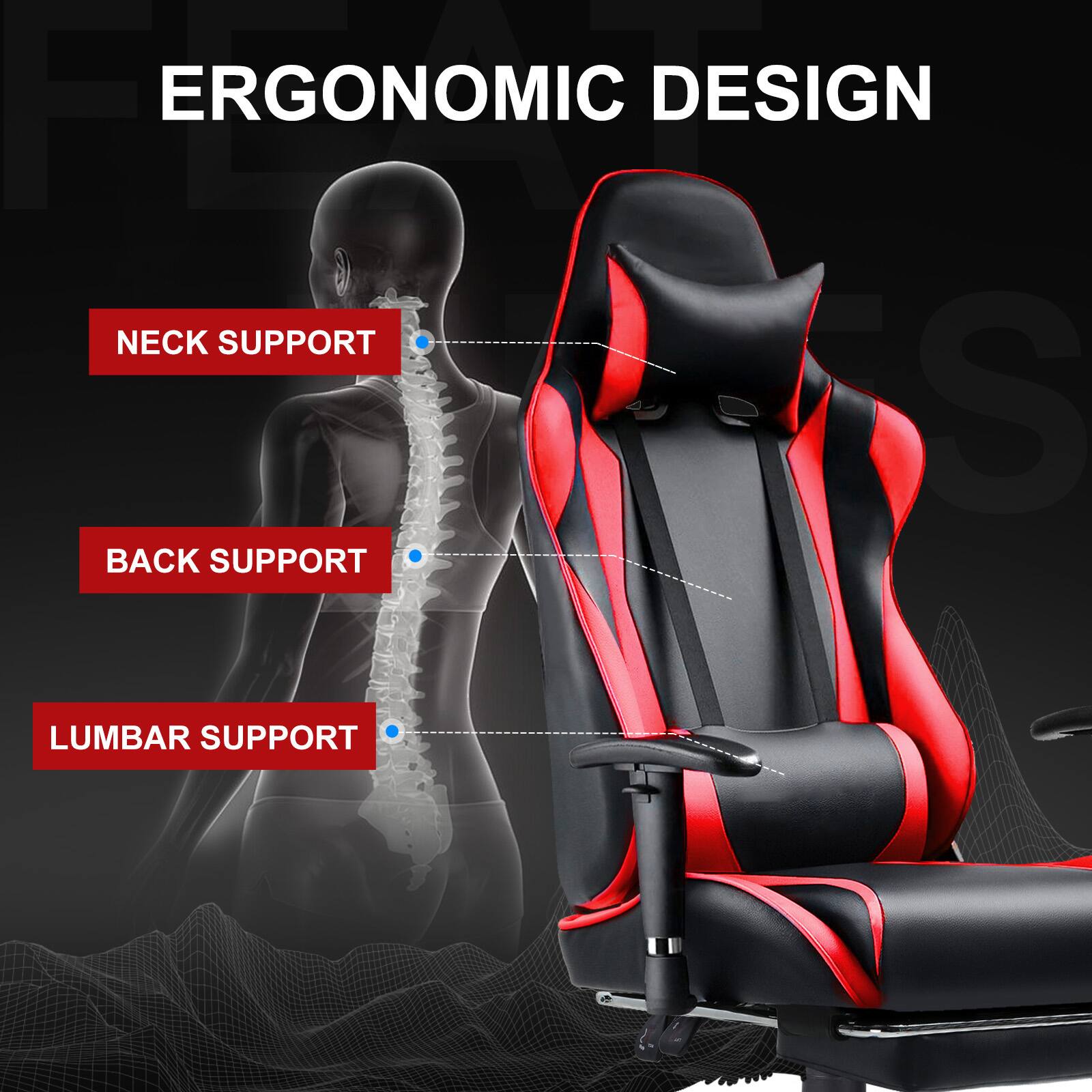 The design features neck support, back support, and lumbar support.