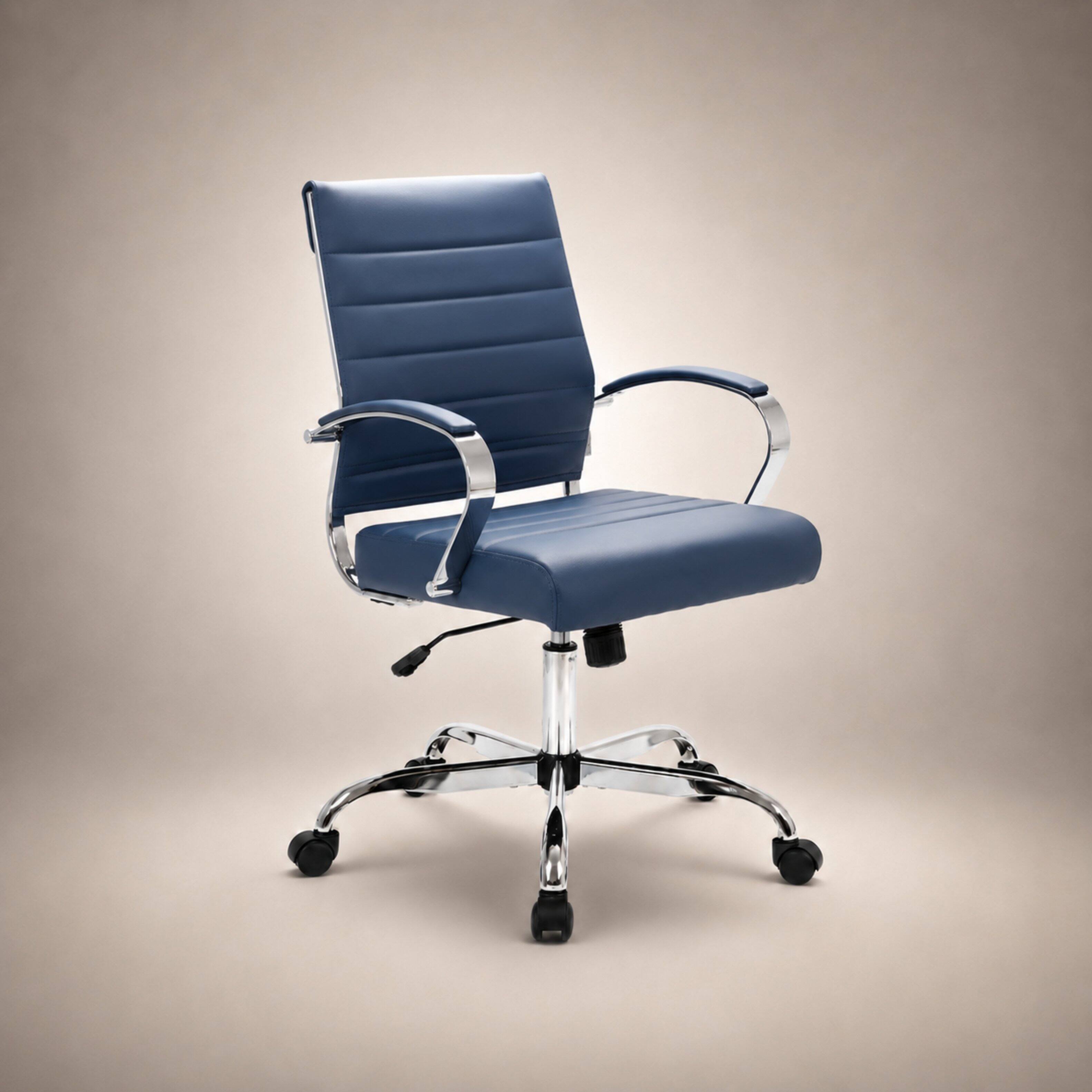 Alt View 6. LeisureMod - Benmar Modern Ergonomic Ribbed Leather Office Desk Chair, Steel Frame, Computer Chair for Home Office & Workspace Use - Navy Blue.