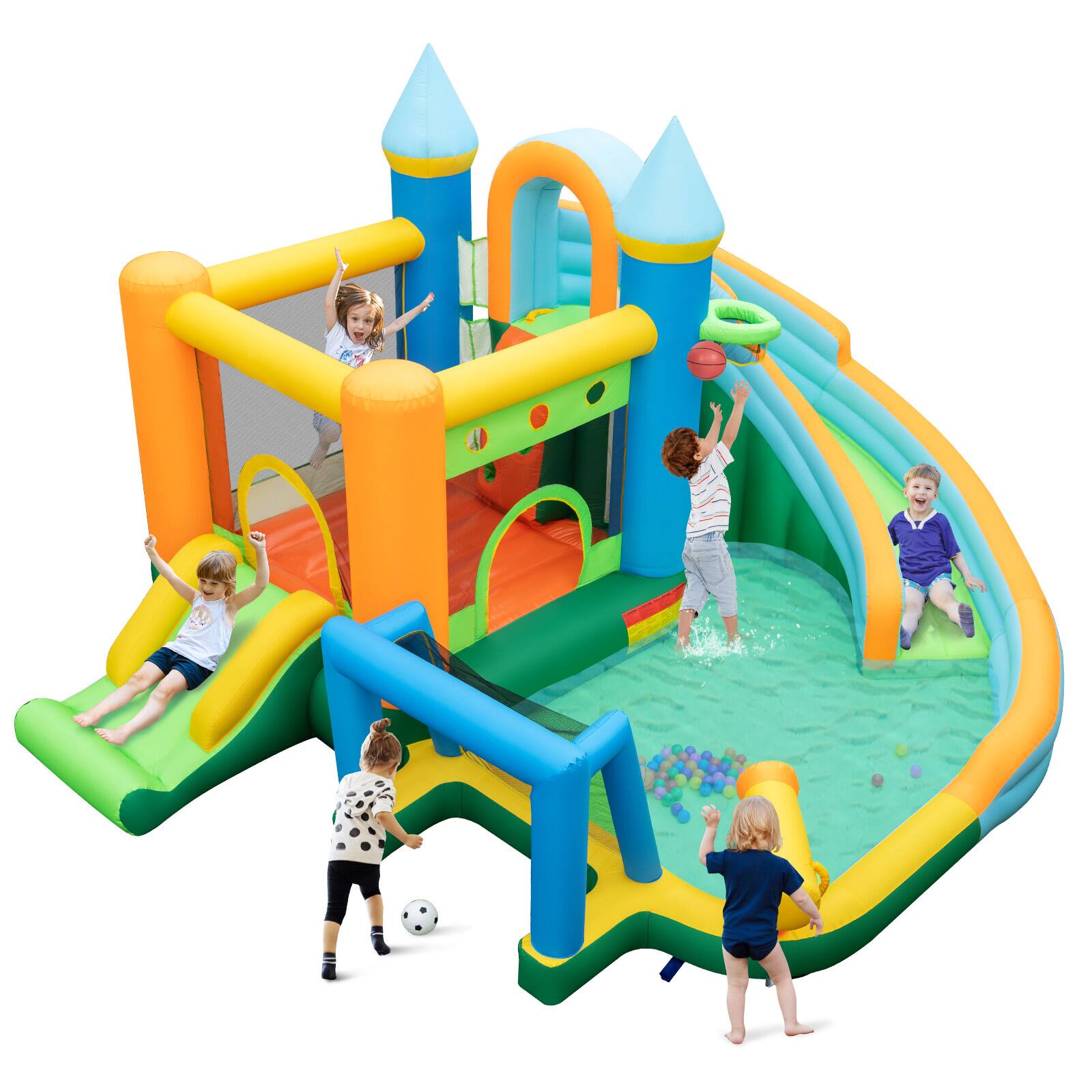 Front. Ecooso - Inflatable Bounce House Water Park w/ Dual Slides & Splash Pool, No Blower.