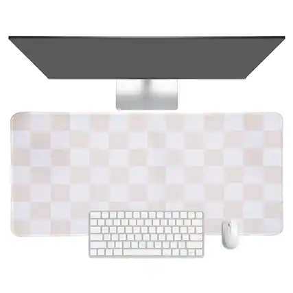 Front. Unique Bargains - Checkered Desk Mat, 35.4x15.7 Inch Mouse Pad, Non-Slip Rubber, Stitched Edges, Soft, for Computer/Laptop - Beige/White.
