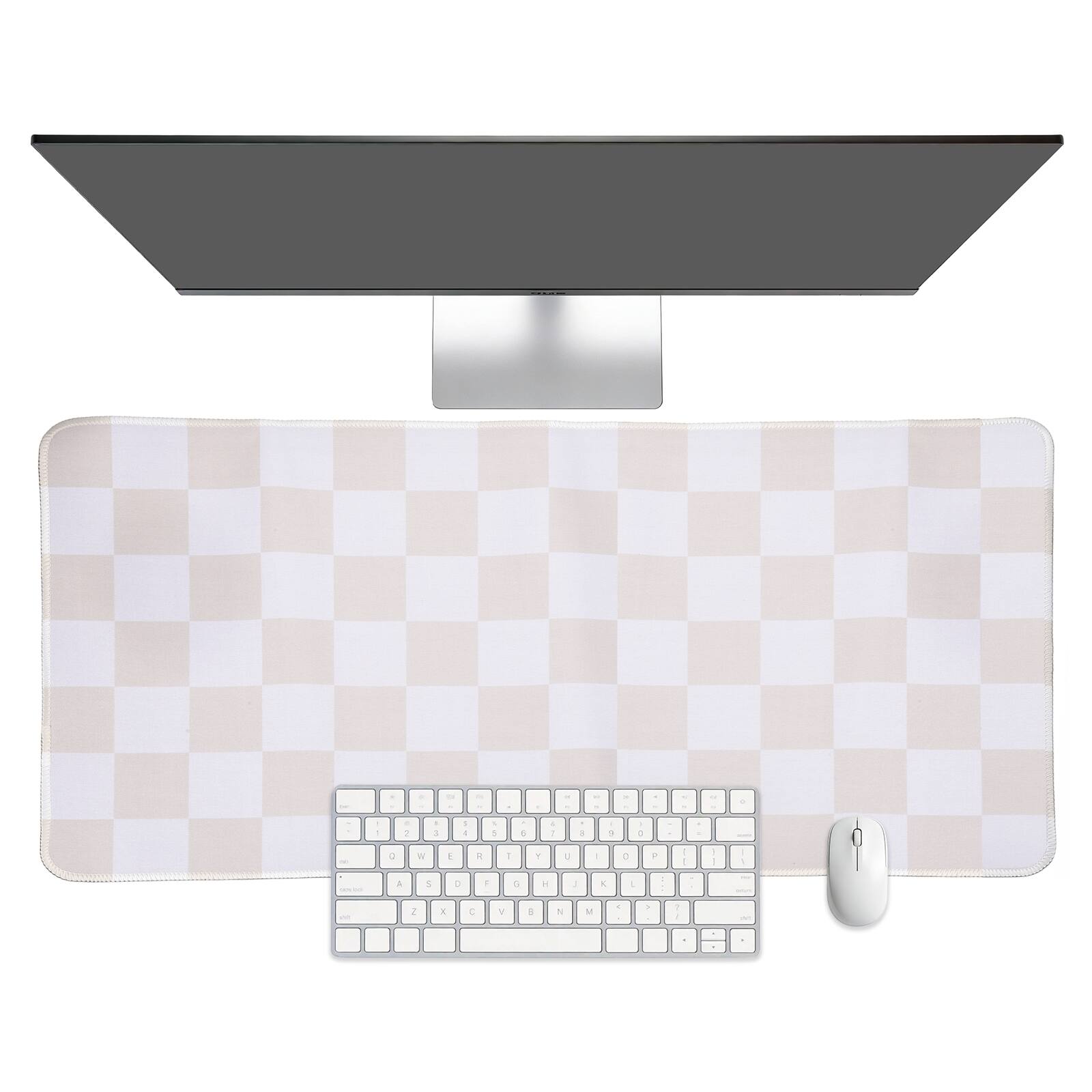 Front. Unique Bargains - Checkered Desk Mat, 35.4x15.7 Inch Mouse Pad, Non-Slip Rubber, Stitched Edges, Soft, for Computer/Laptop - Beige/White.