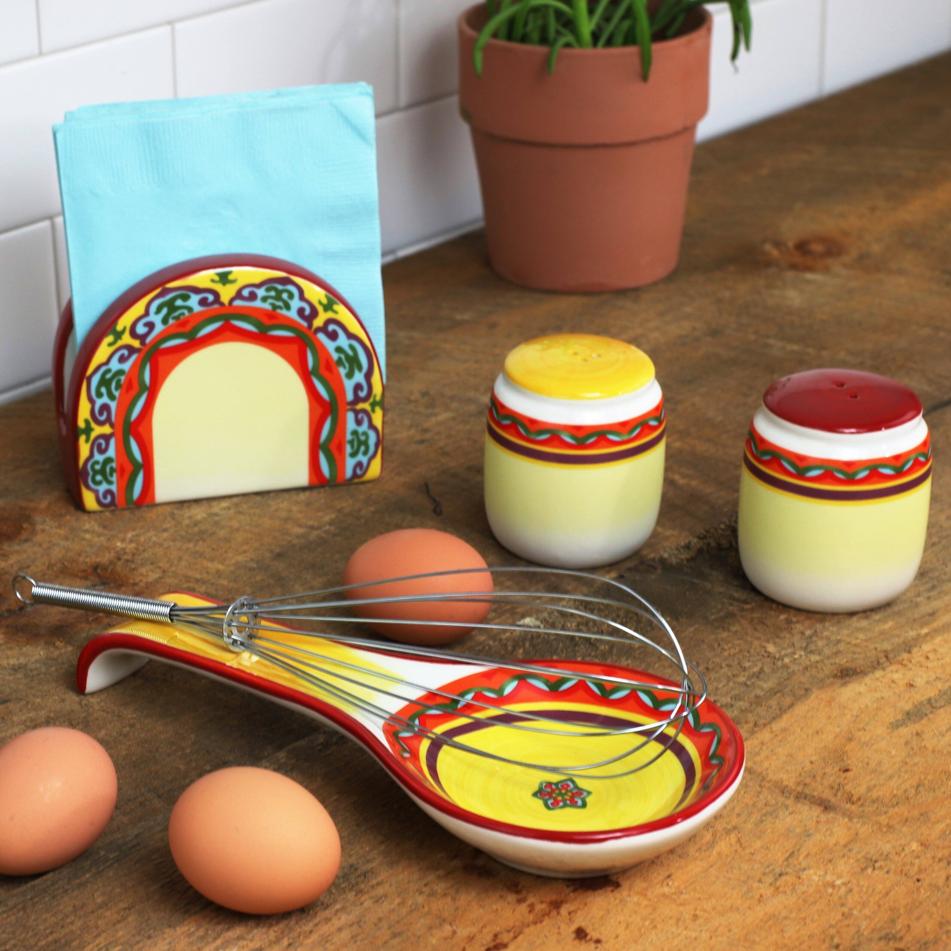 Angle. Euro Ceramica Home - Galicia 4-Piece Salt and Pepper Napkin Holder Spoon Rest Kitchen and Table Accessories Set - Multicolor.